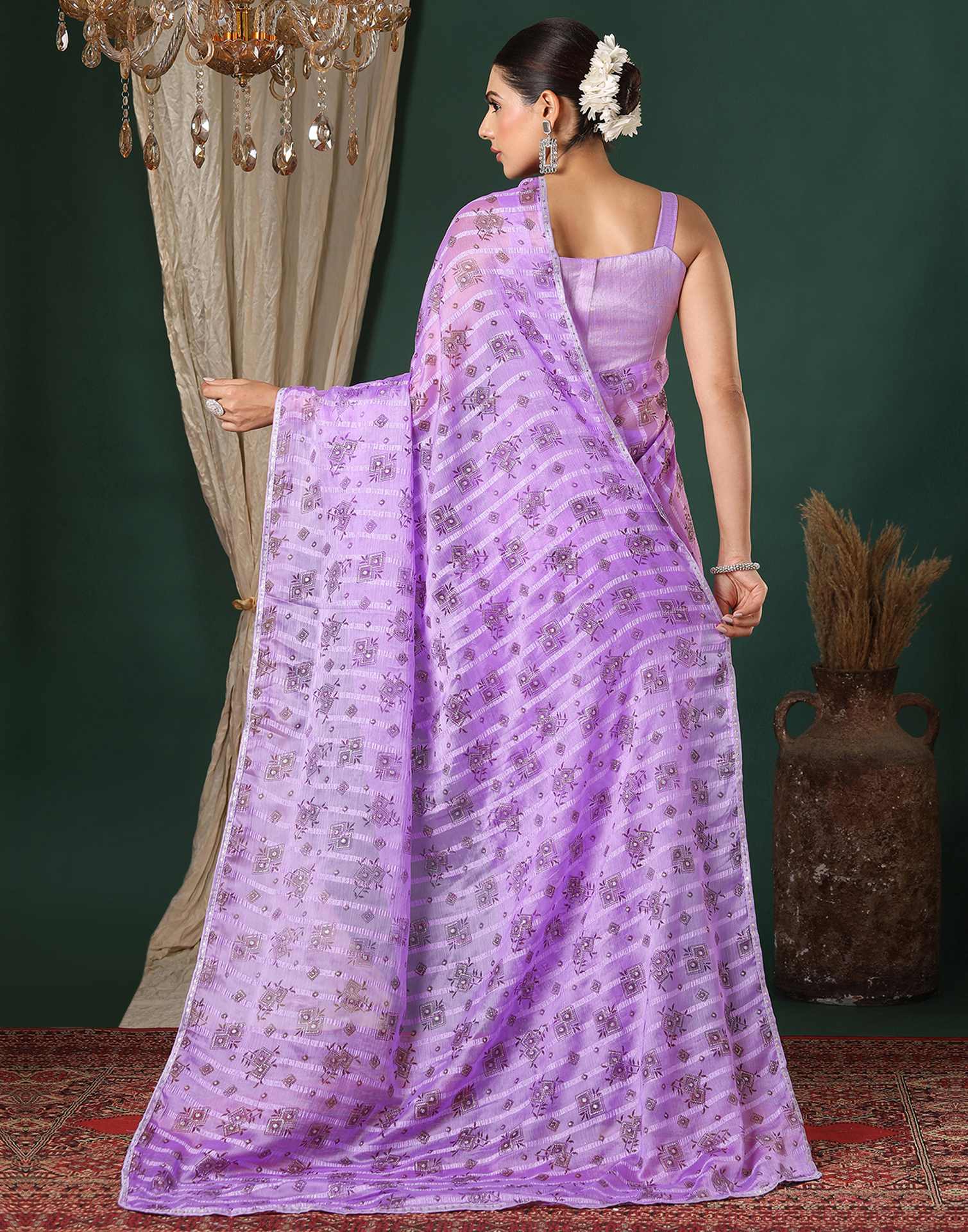 Lavender Georgette Woven Stripe Floral Printed Saree