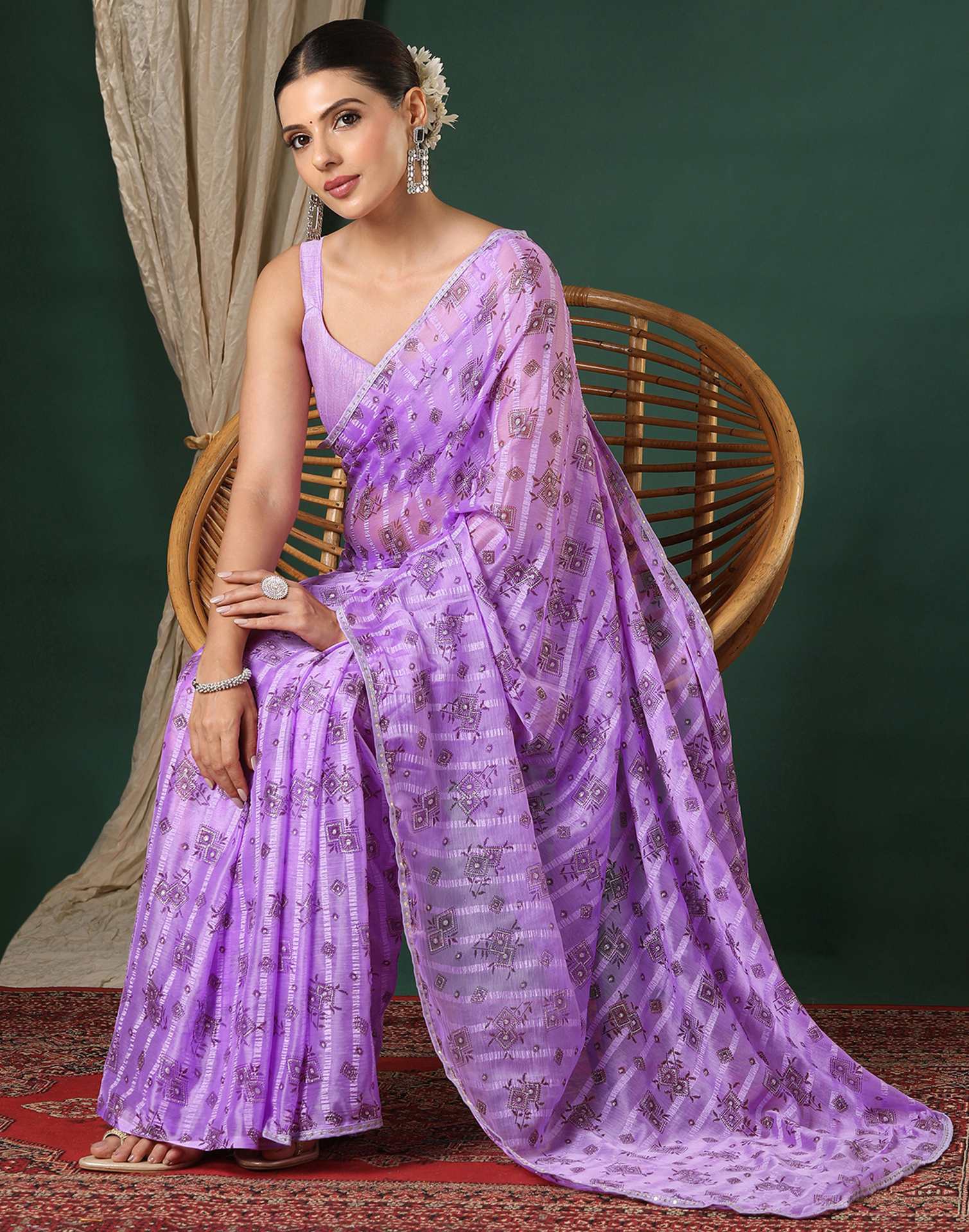 Lavender Georgette Woven Stripe Floral Printed Saree