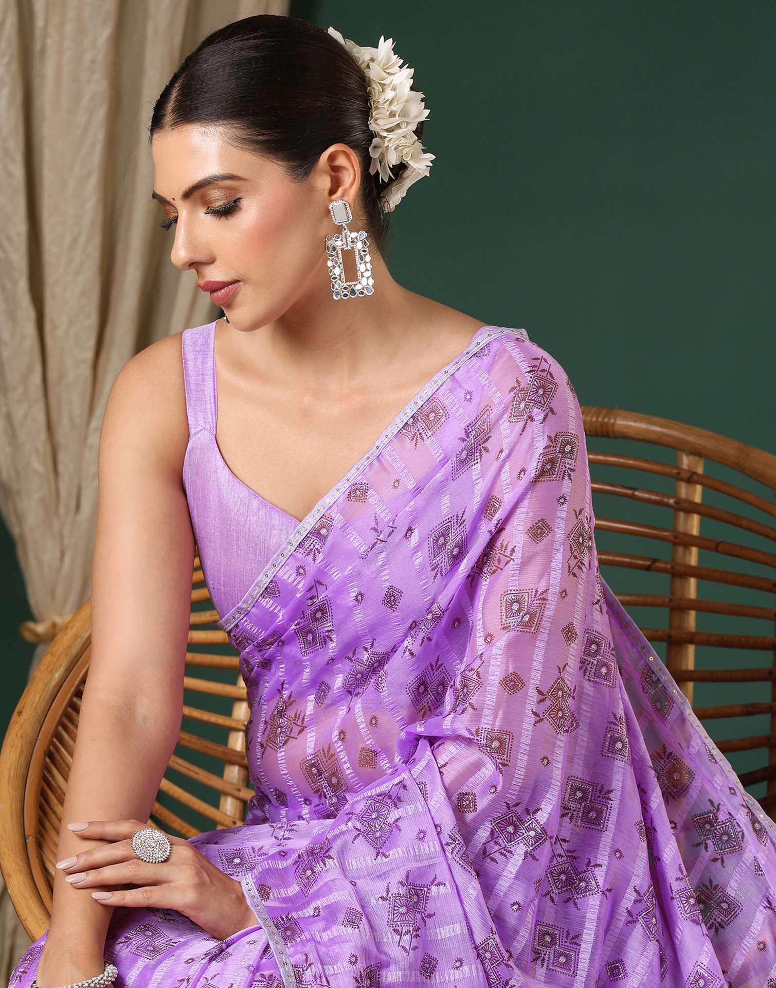 Lavender Georgette Woven Stripe Floral Printed Saree