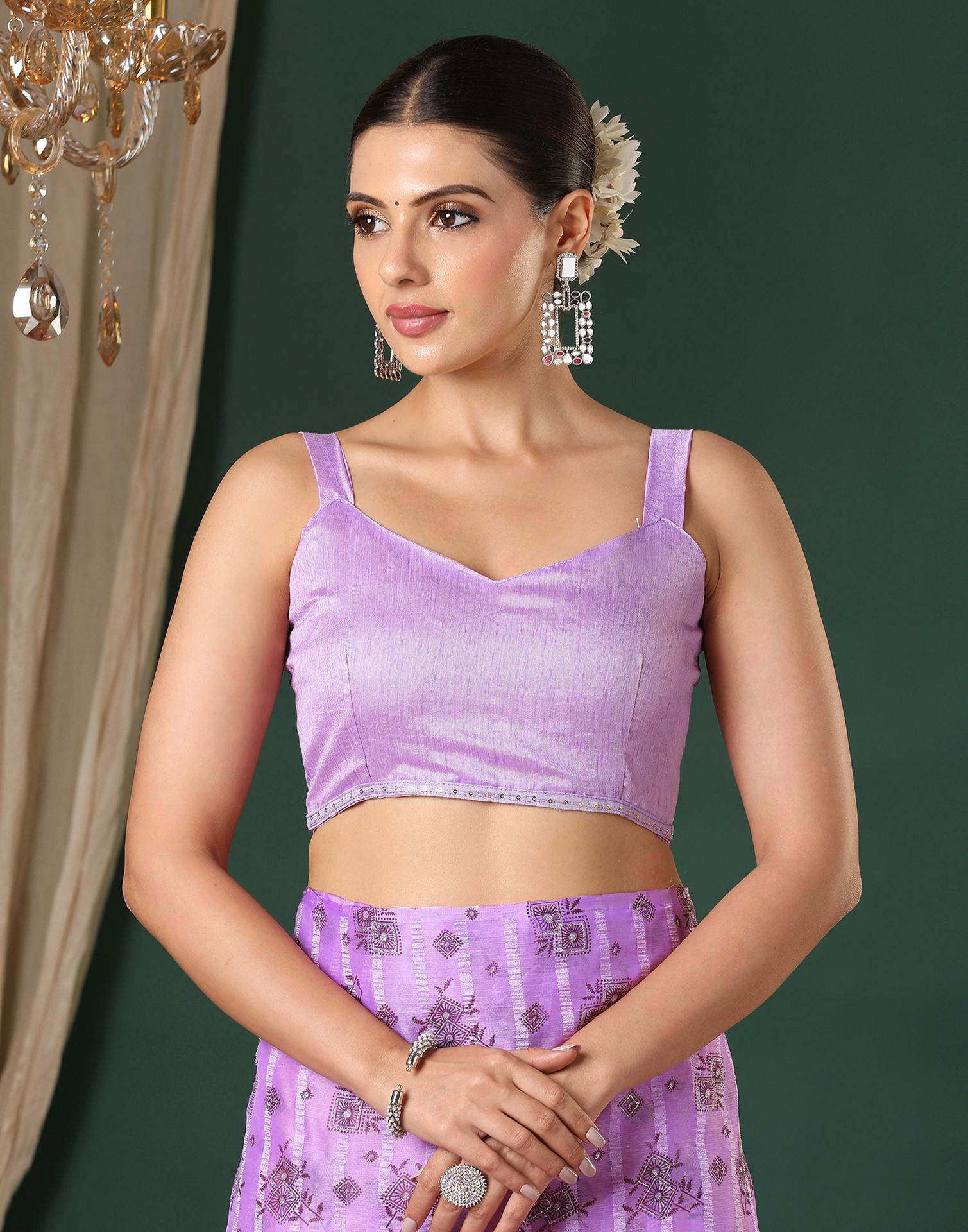 Lavender Georgette Woven Stripe Floral Printed Saree