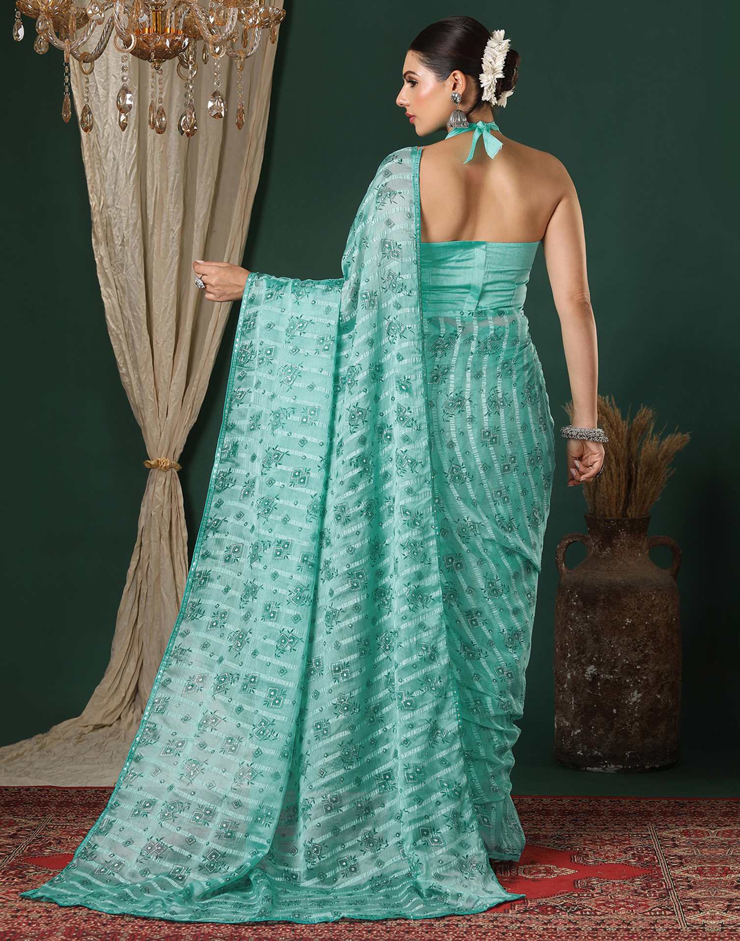 Turquoise Georgette Woven Stripe Floral Printed Saree