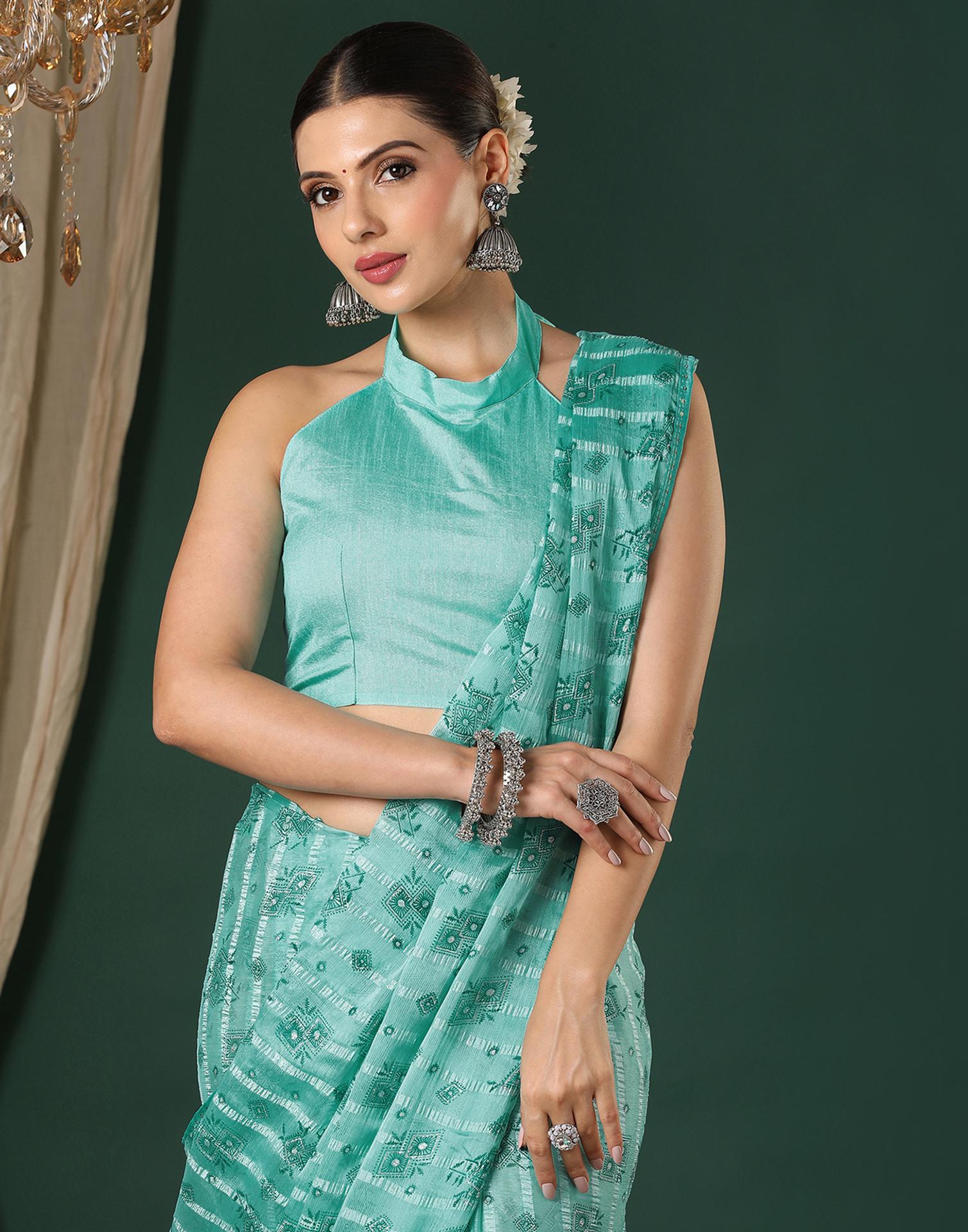 Turquoise Georgette Woven Stripe Floral Printed Saree