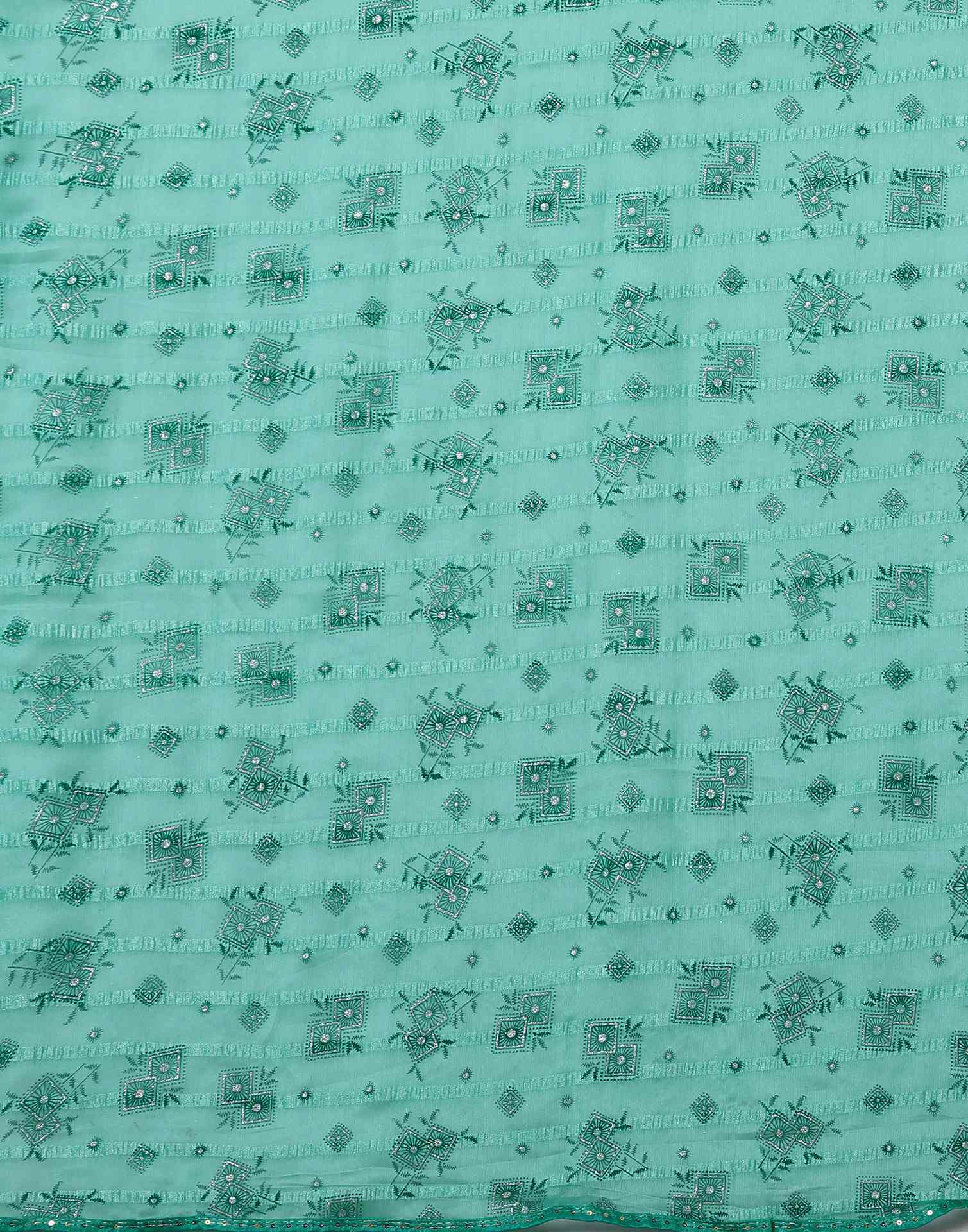 Turquoise Georgette Woven Stripe Floral Printed Saree