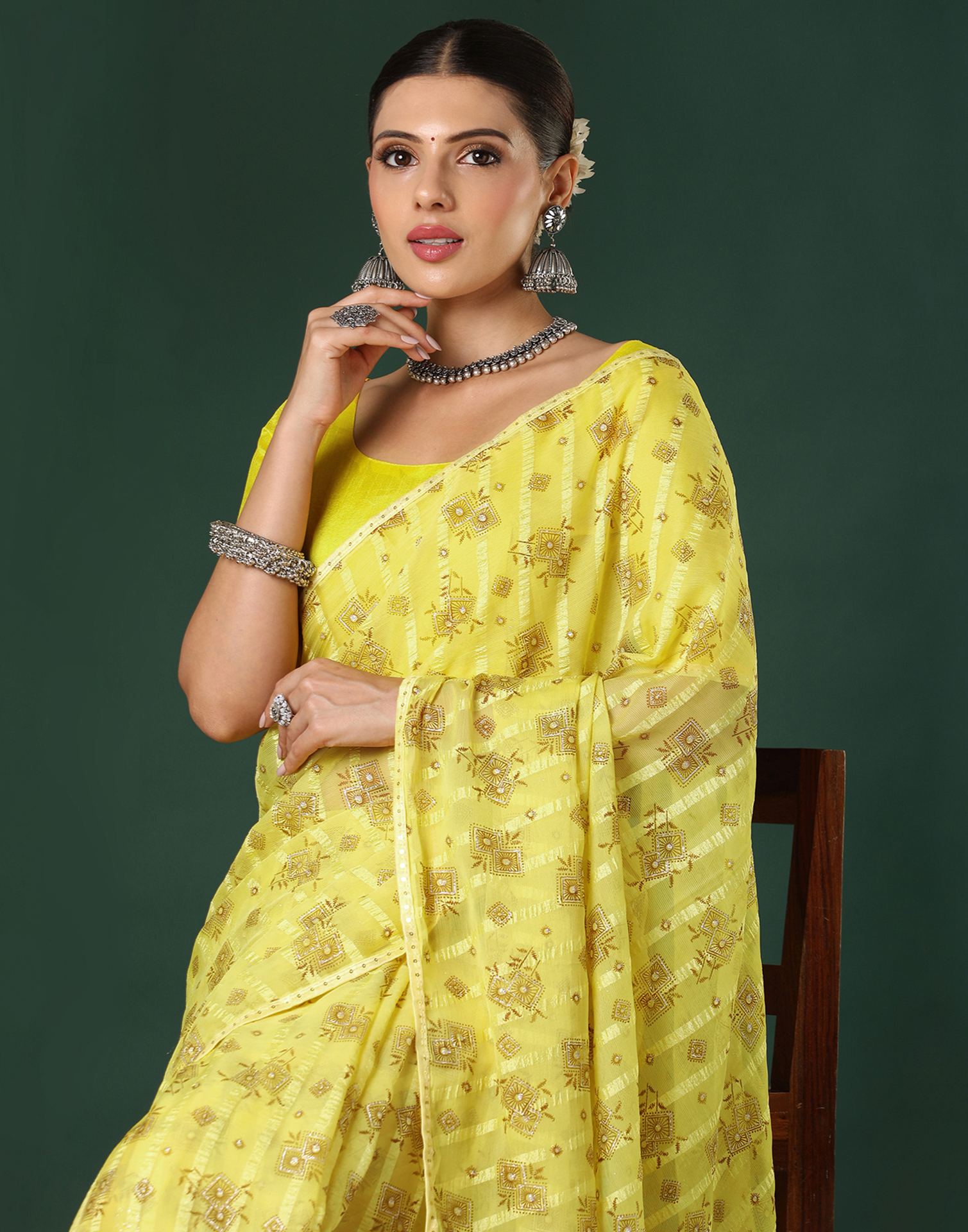 Yellow Georgette Woven Stripe Floral Printed Saree