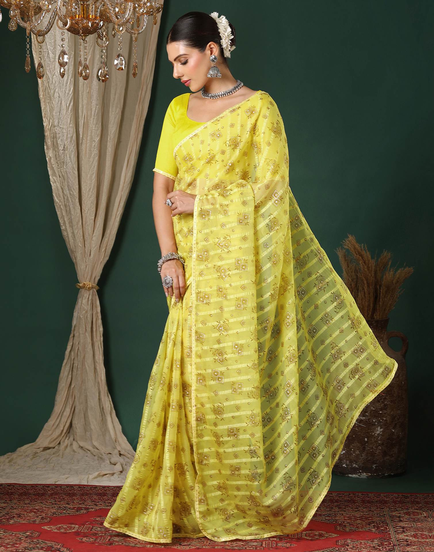 Yellow Georgette Woven Stripe Floral Printed Saree