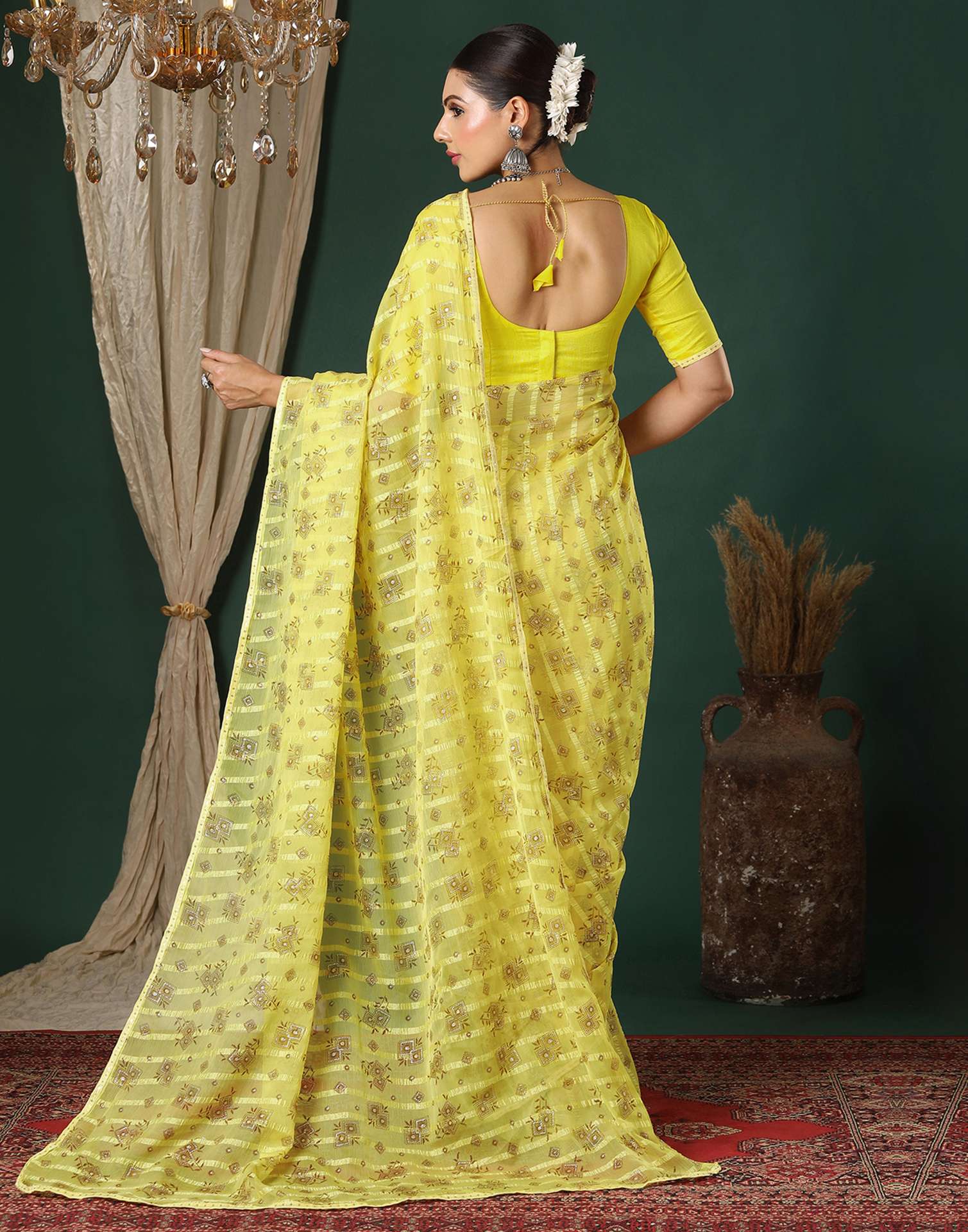 Yellow Georgette Woven Stripe Floral Printed Saree