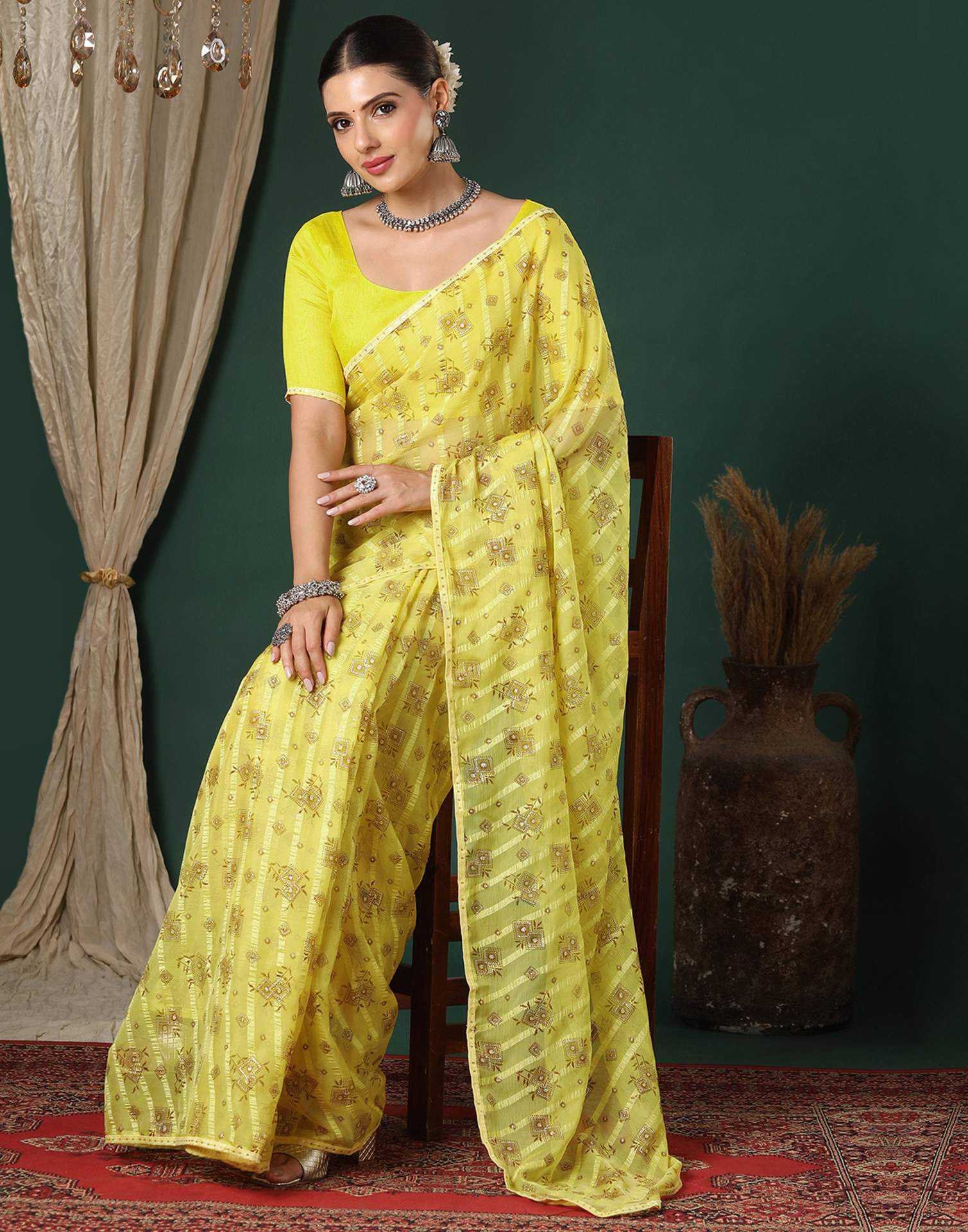 Yellow Georgette Woven Stripe Floral Printed Saree
