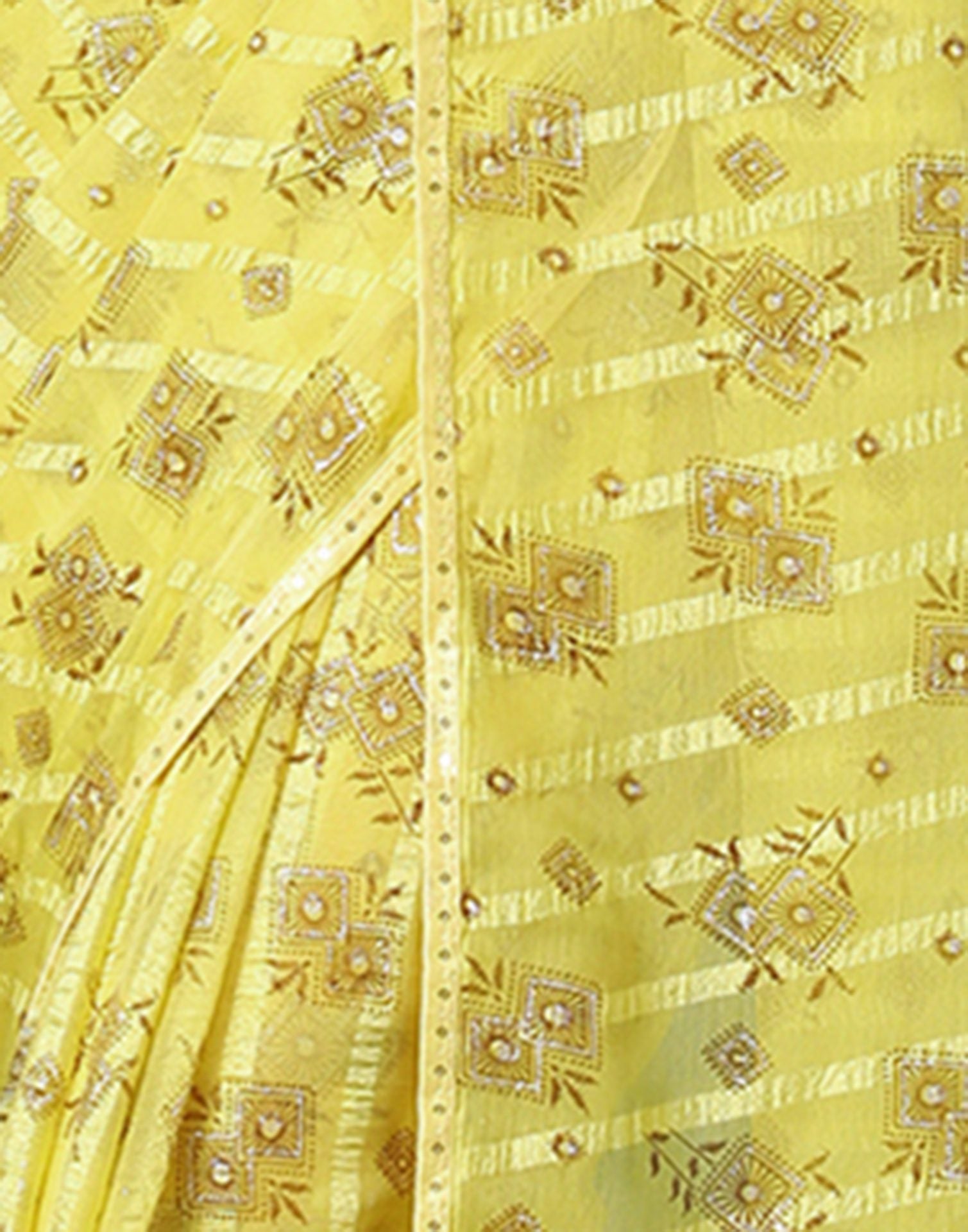 Yellow Georgette Woven Stripe Floral Printed Saree