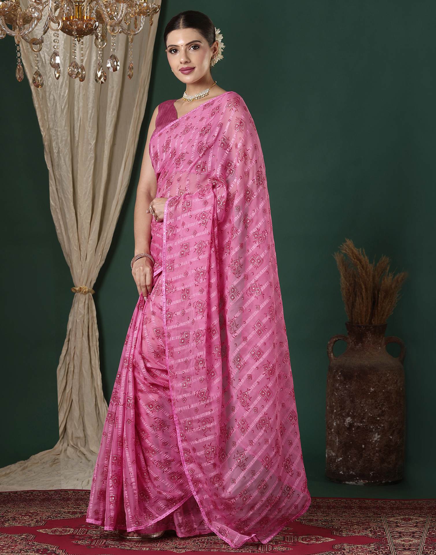 Pink Georgette Woven Stripe Floral Printed Saree
