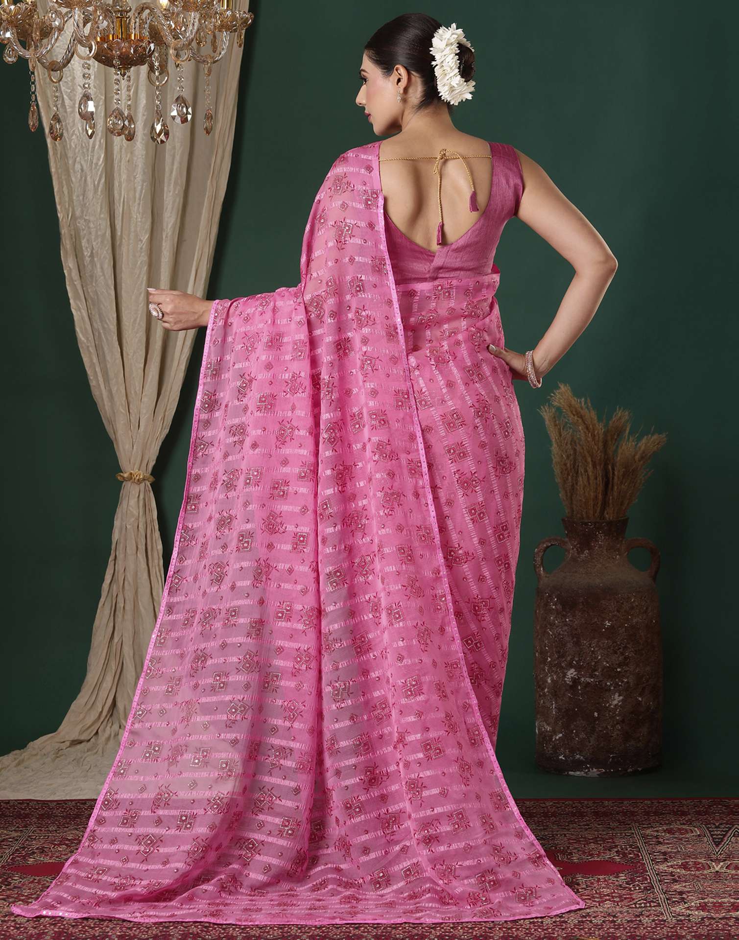 Pink Georgette Woven Stripe Floral Printed Saree