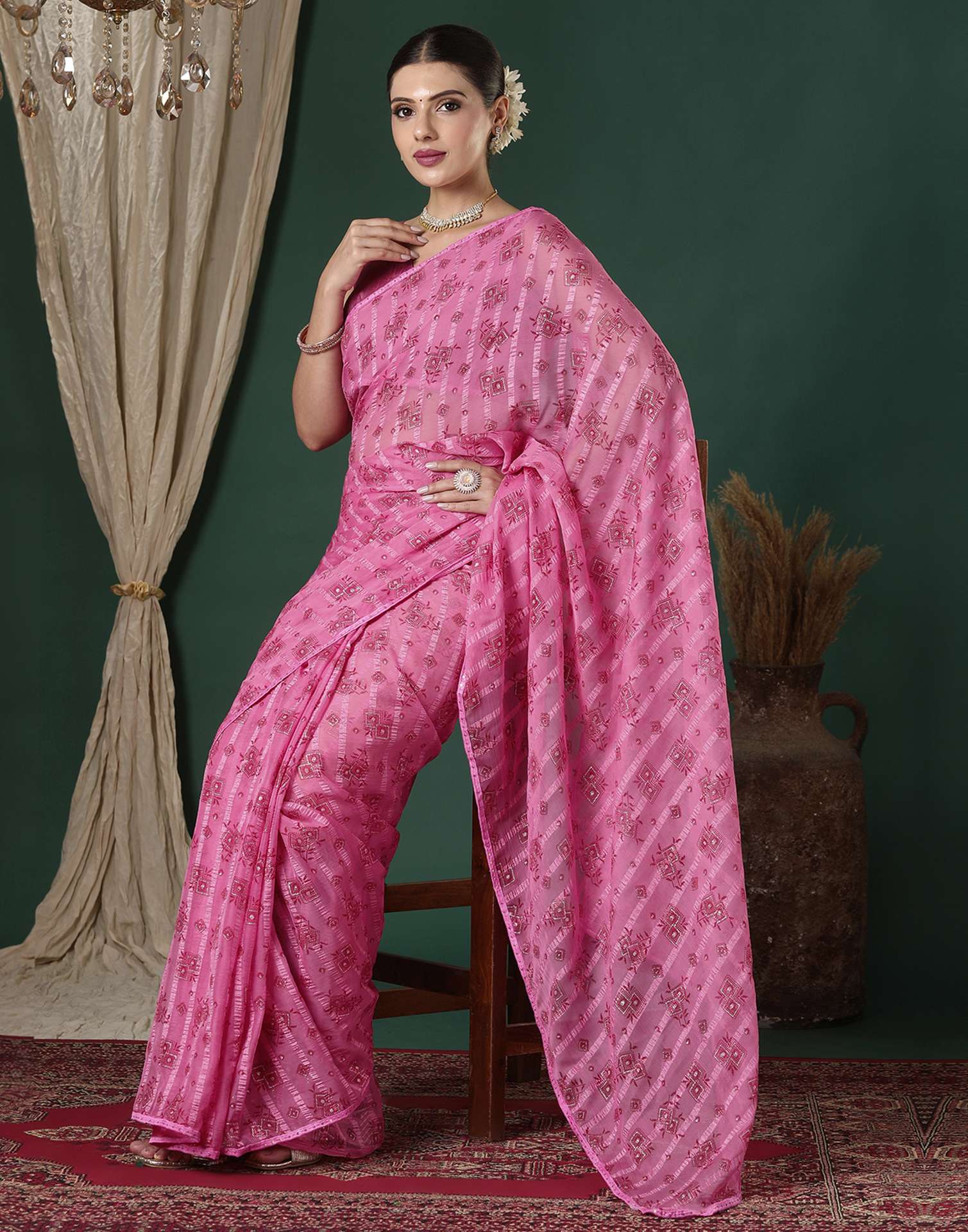 Pink Georgette Woven Stripe Floral Printed Saree