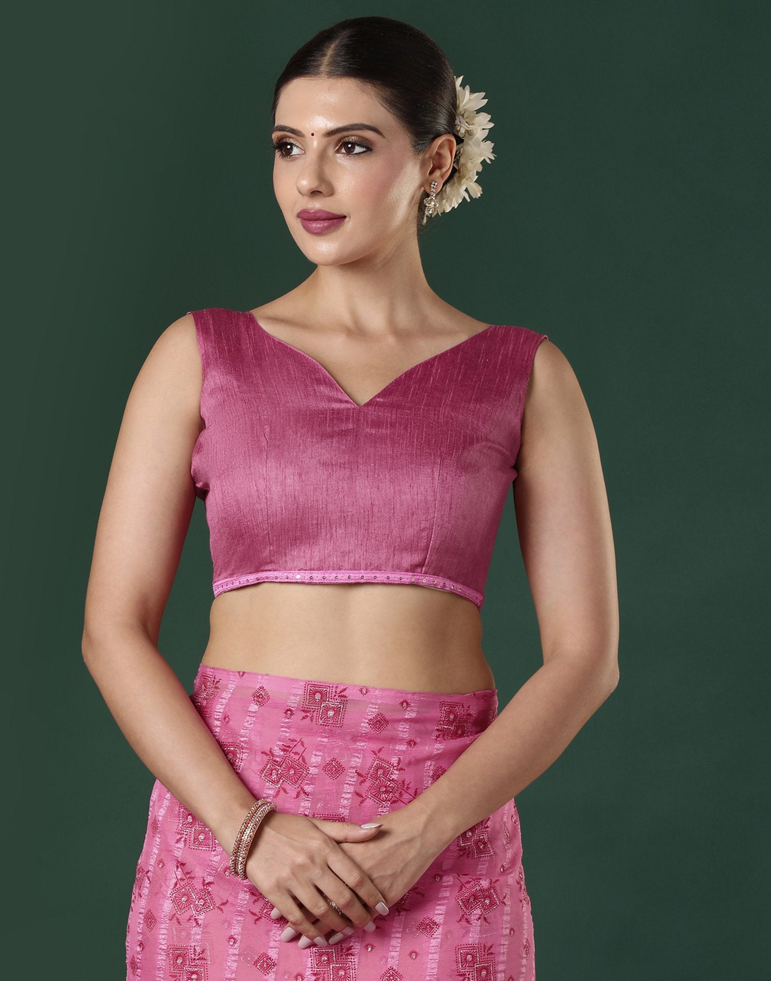 Pink Georgette Woven Stripe Floral Printed Saree