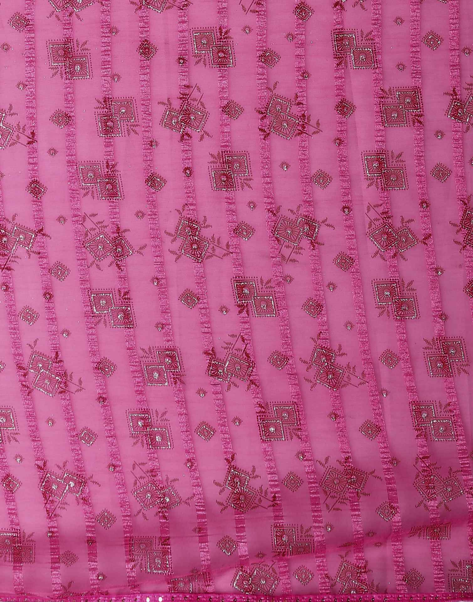 Pink Georgette Woven Stripe Floral Printed Saree