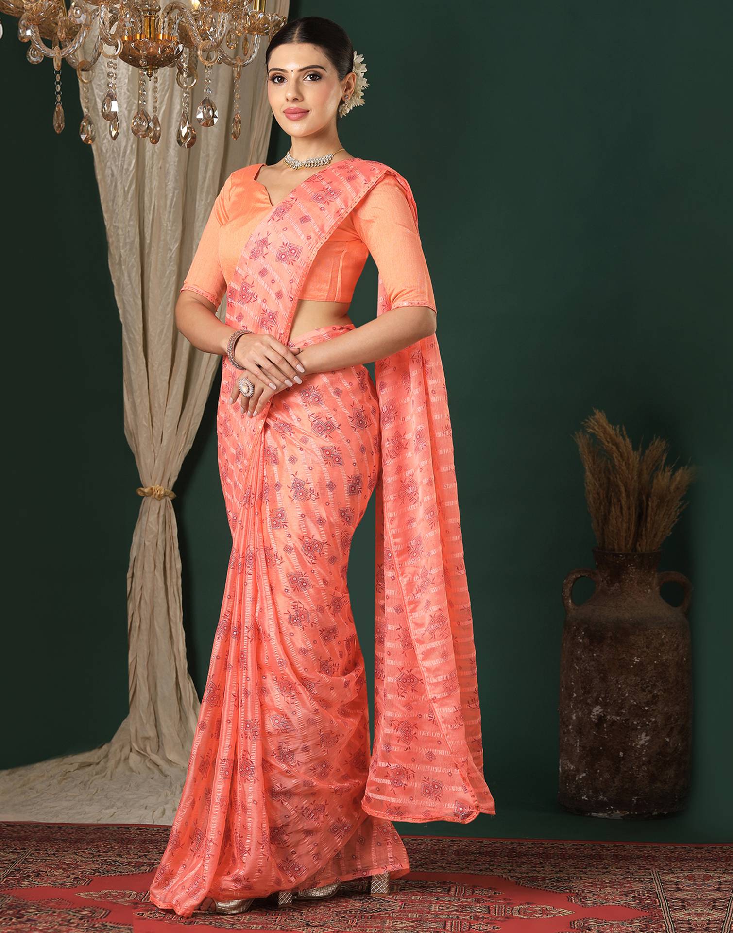 Peach Georgette Woven Stripe Floral Printed Saree