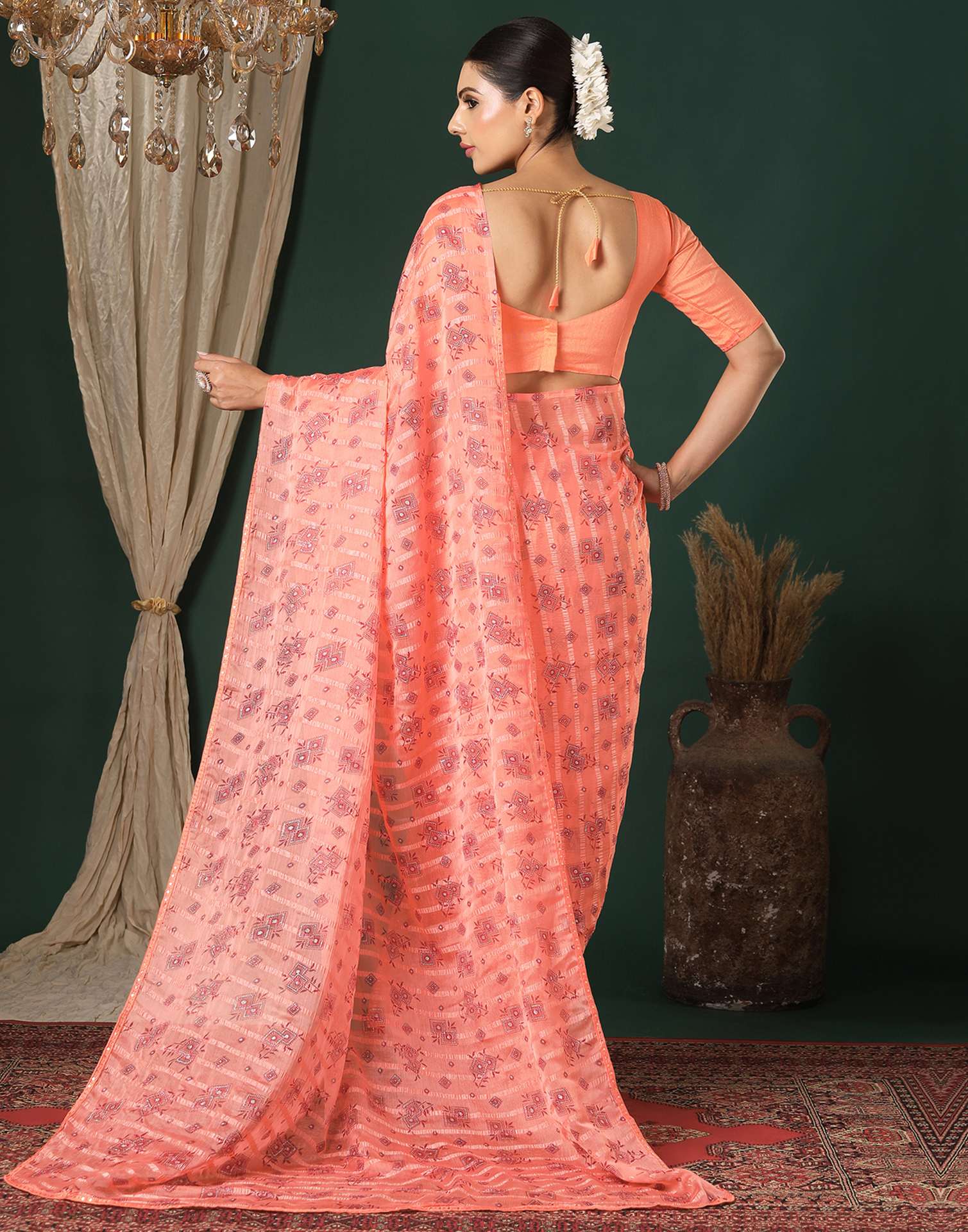 Peach Georgette Woven Stripe Floral Printed Saree