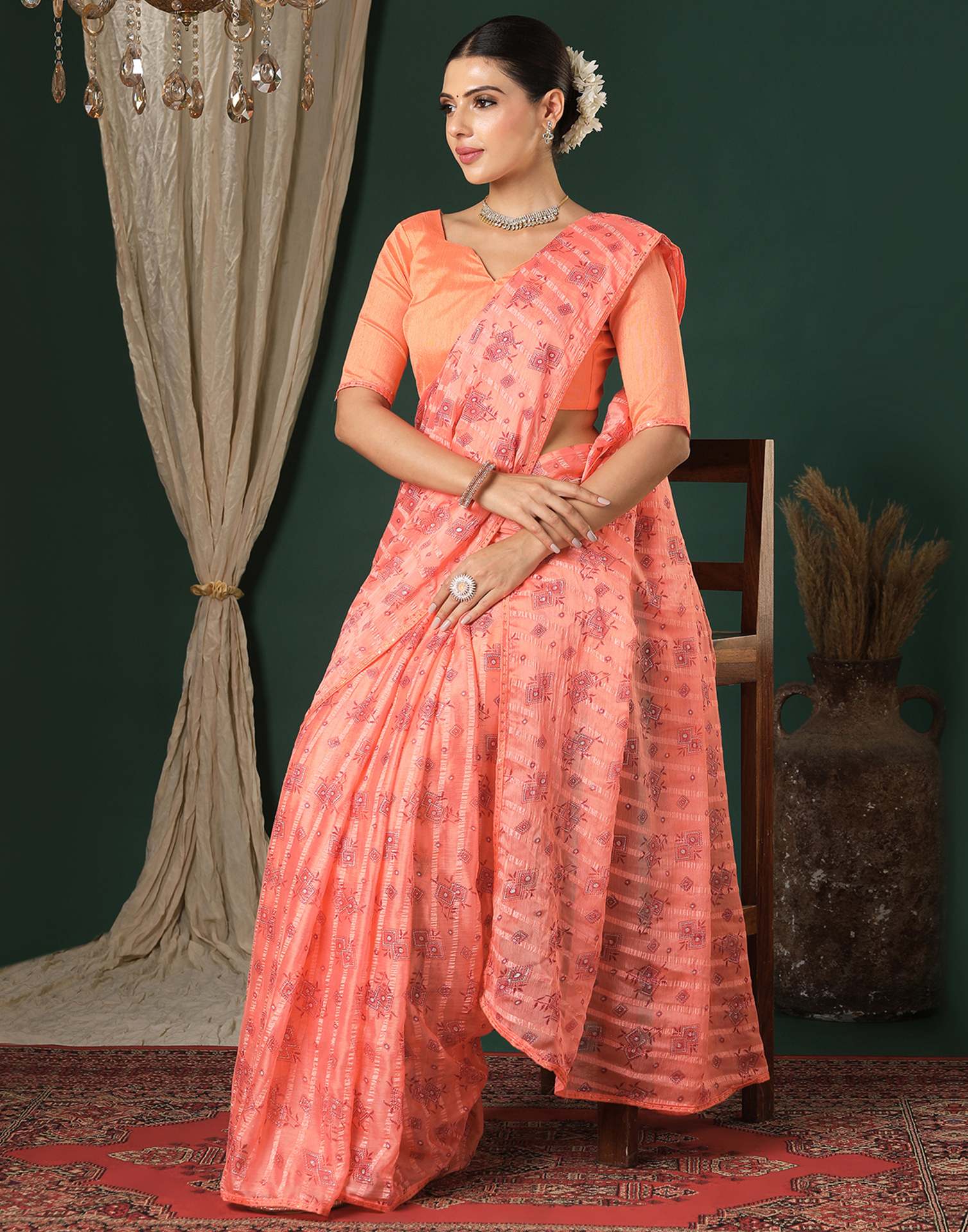 Peach Georgette Woven Stripe Floral Printed Saree