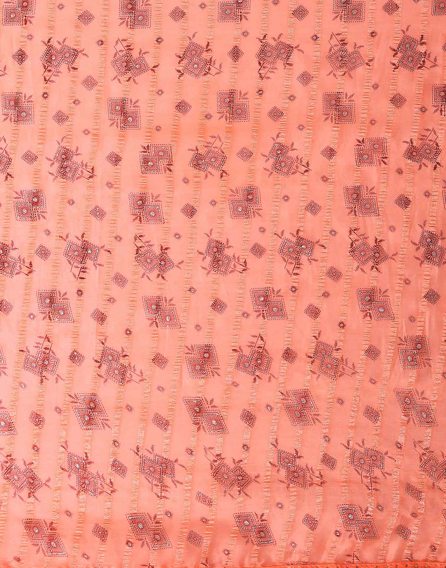 Peach Georgette Woven Stripe Floral Printed Saree
