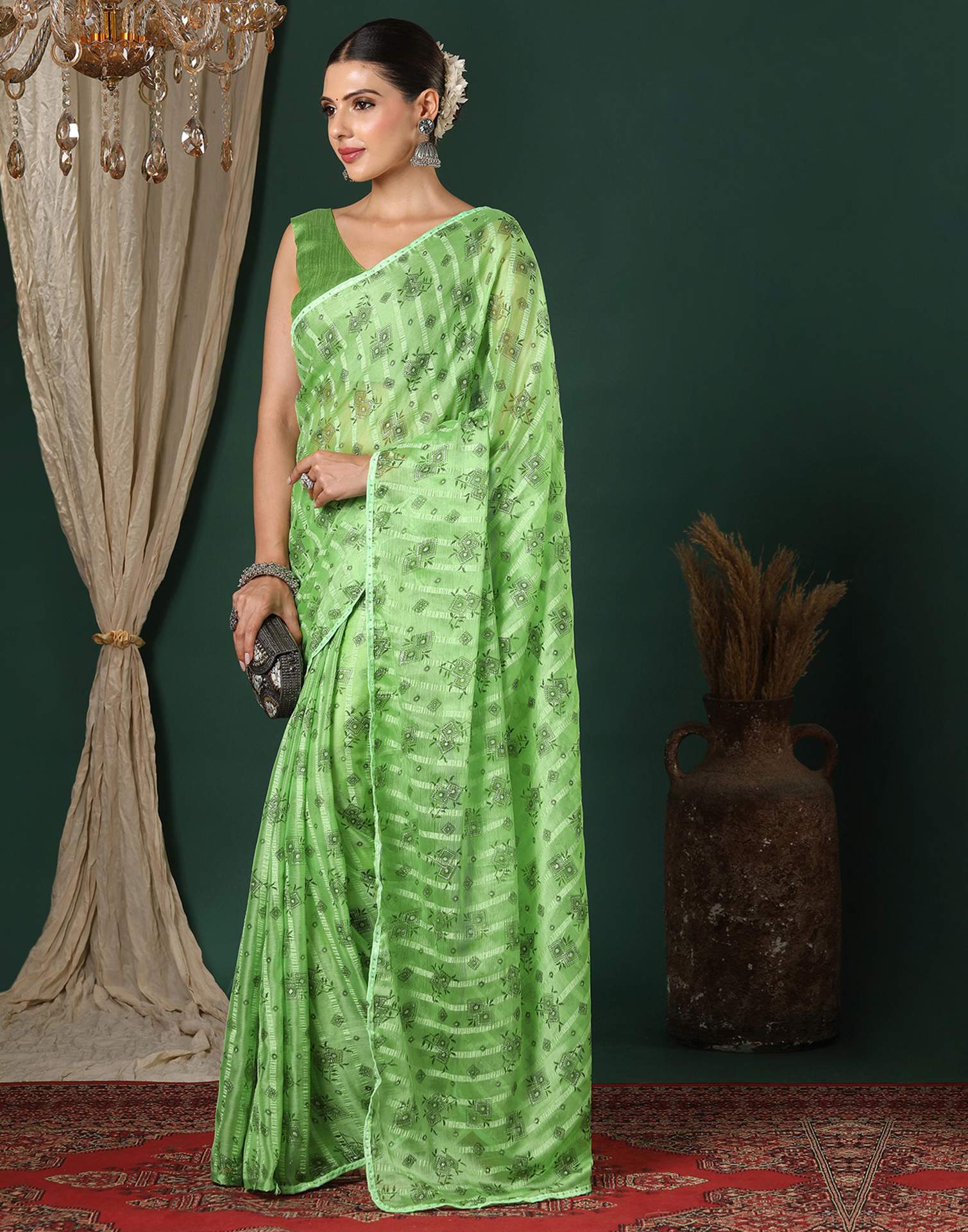 Green Georgette Woven Stripe Floral Printed Saree
