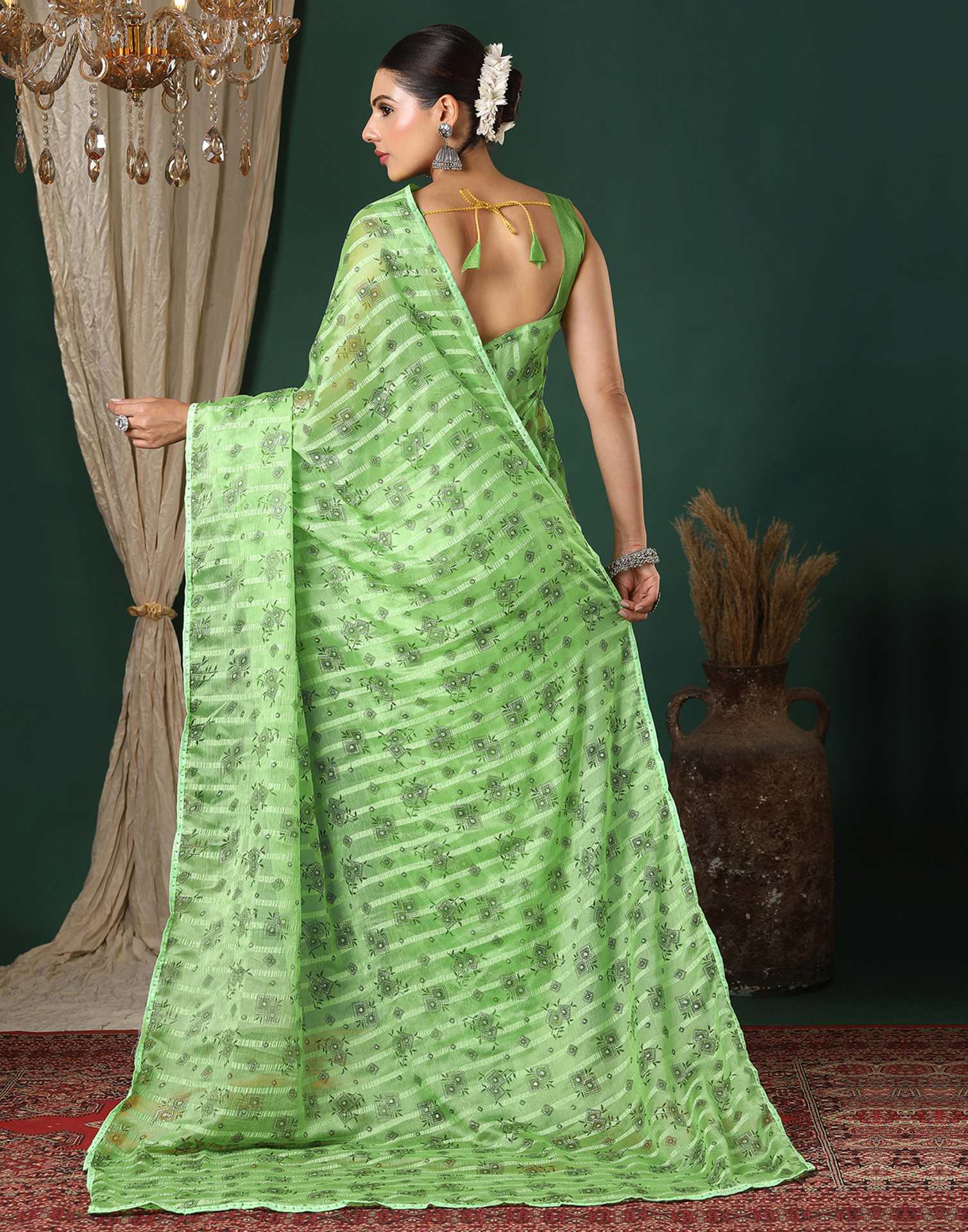 Green Georgette Woven Stripe Floral Printed Saree