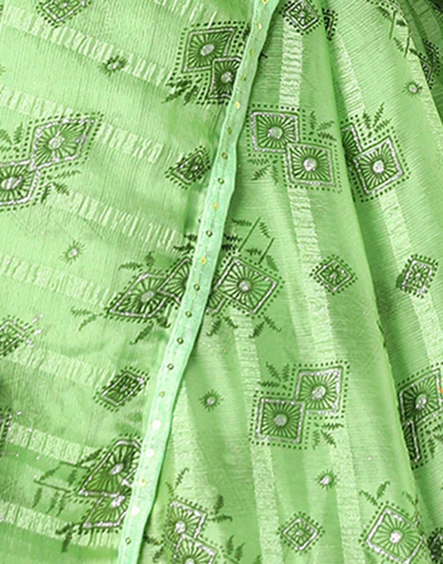 Green Georgette Woven Stripe Floral Printed Saree