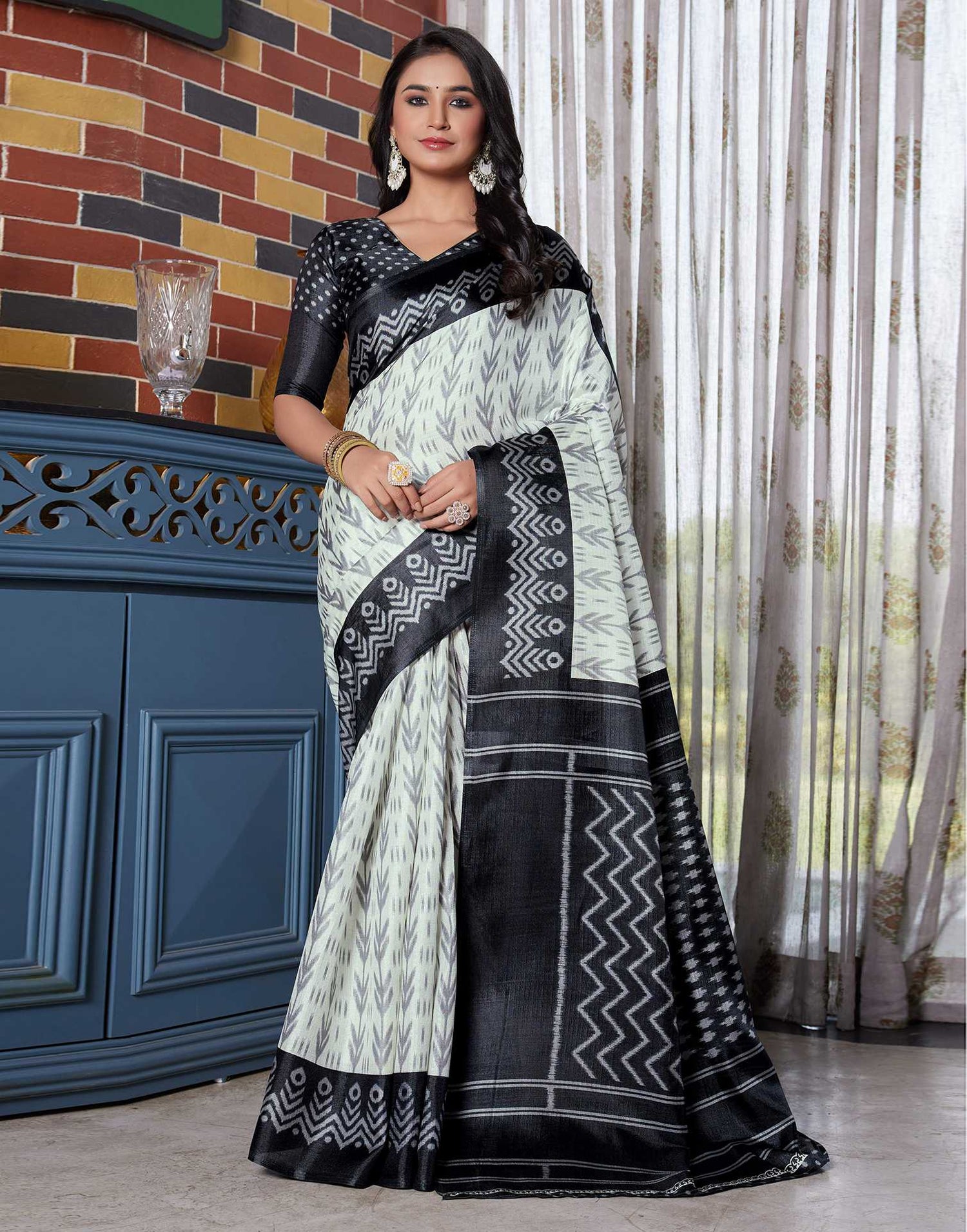 Black Cotton Blend Ikkat Printed Saree