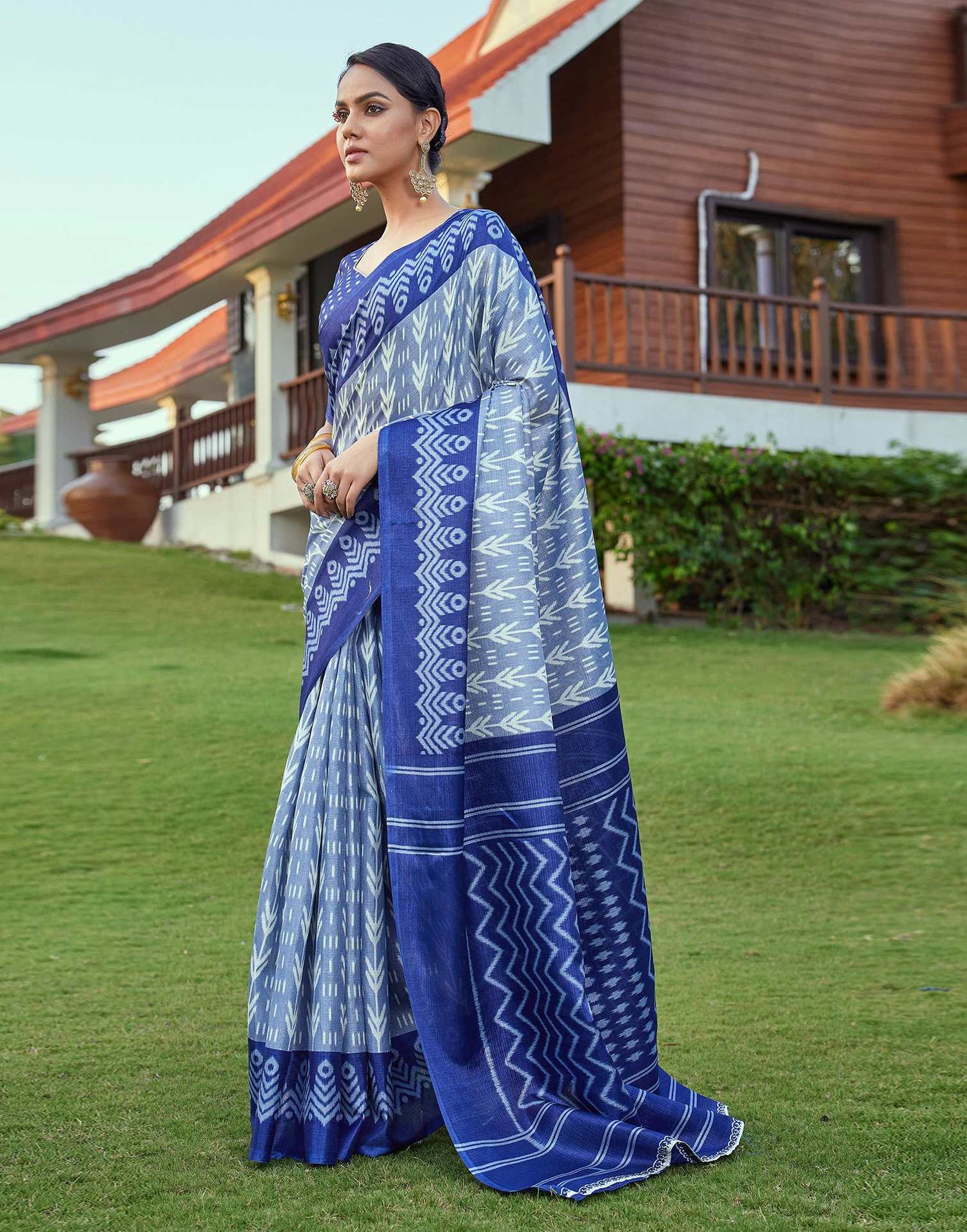 Dark Blue Cotton Blend Ikkat Printed Saree