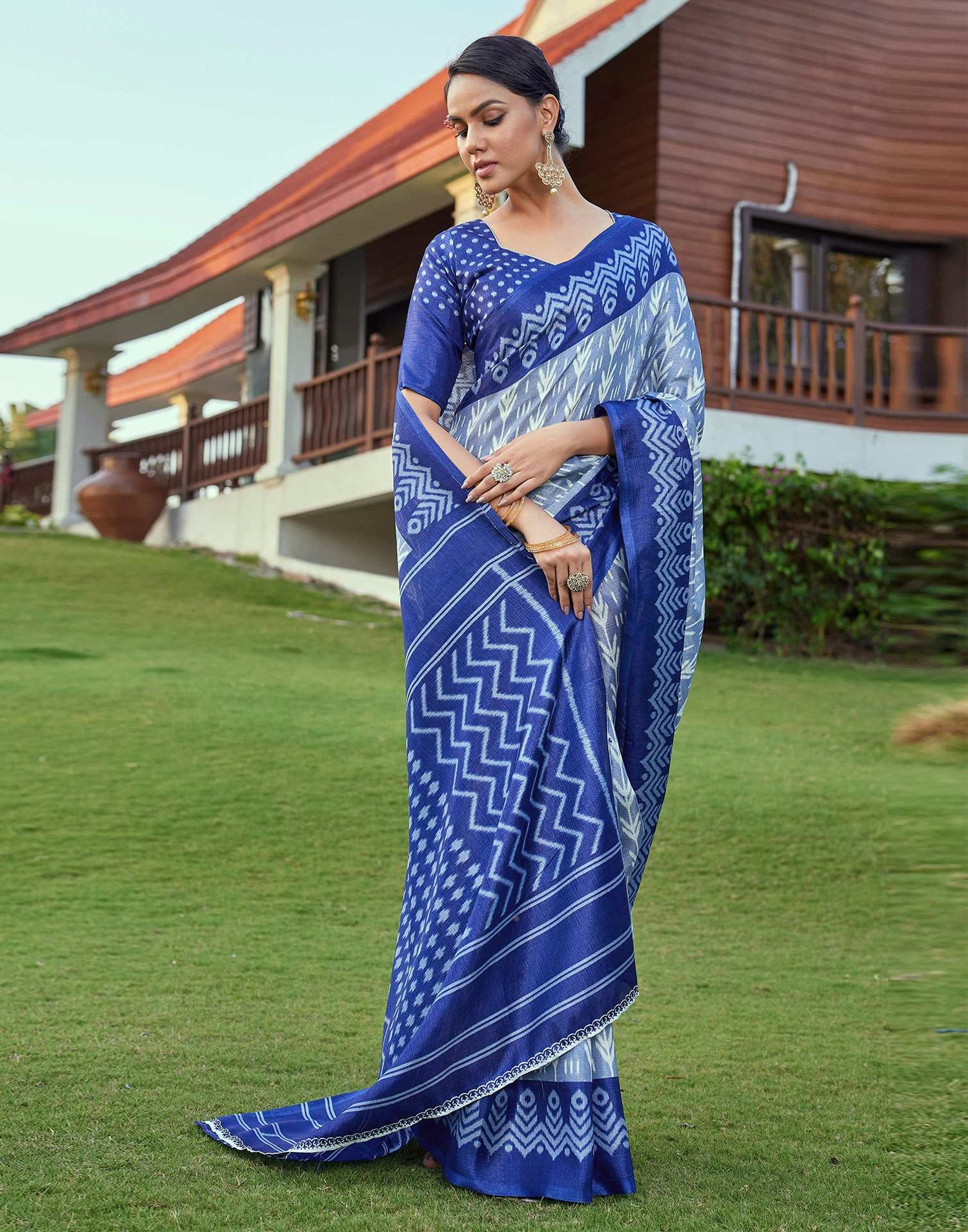 Dark Blue Cotton Blend Ikkat Printed Saree