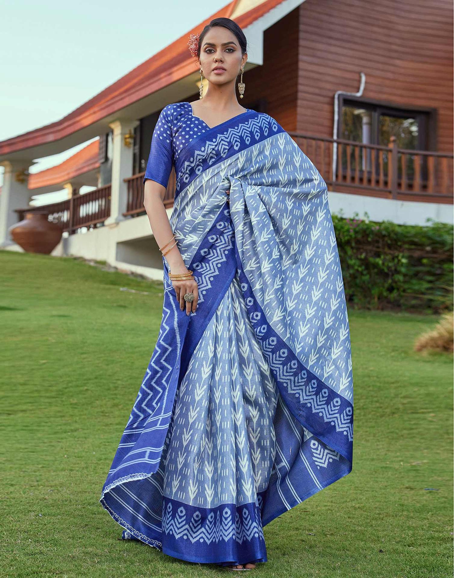 Dark Blue Cotton Blend Ikkat Printed Saree