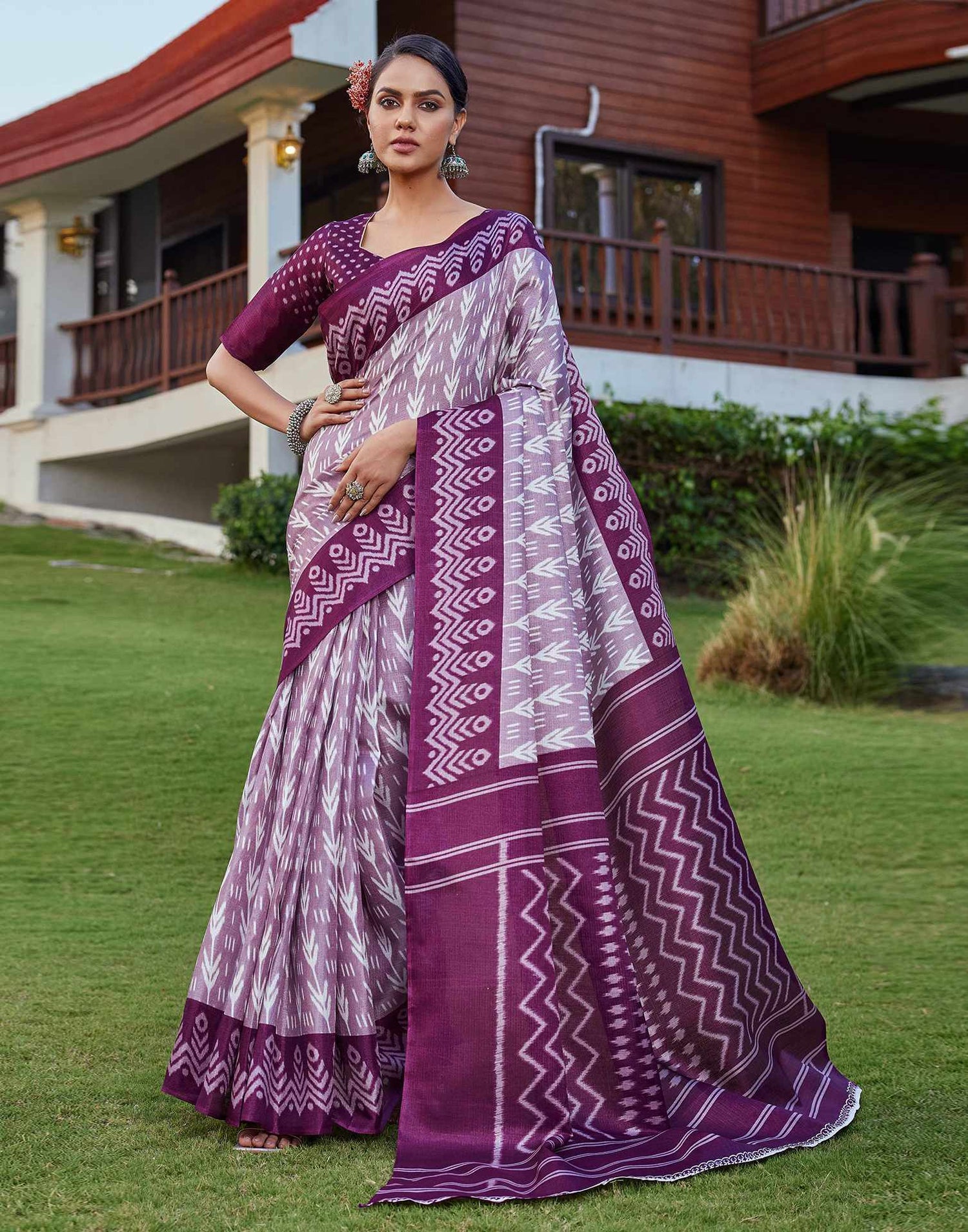 Wine Cotton Blend Ikkat Printed Saree