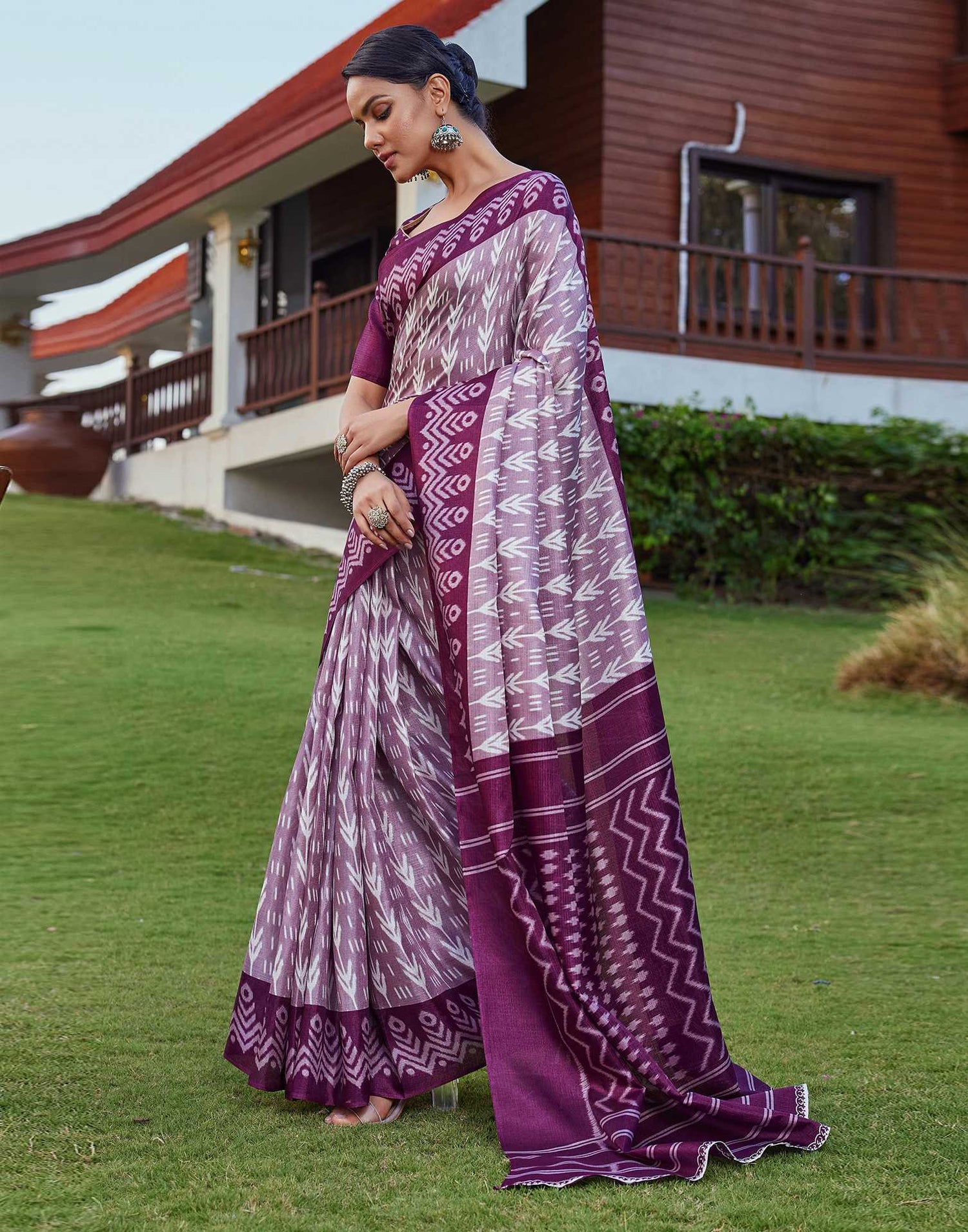Wine Cotton Blend Ikkat Printed Saree