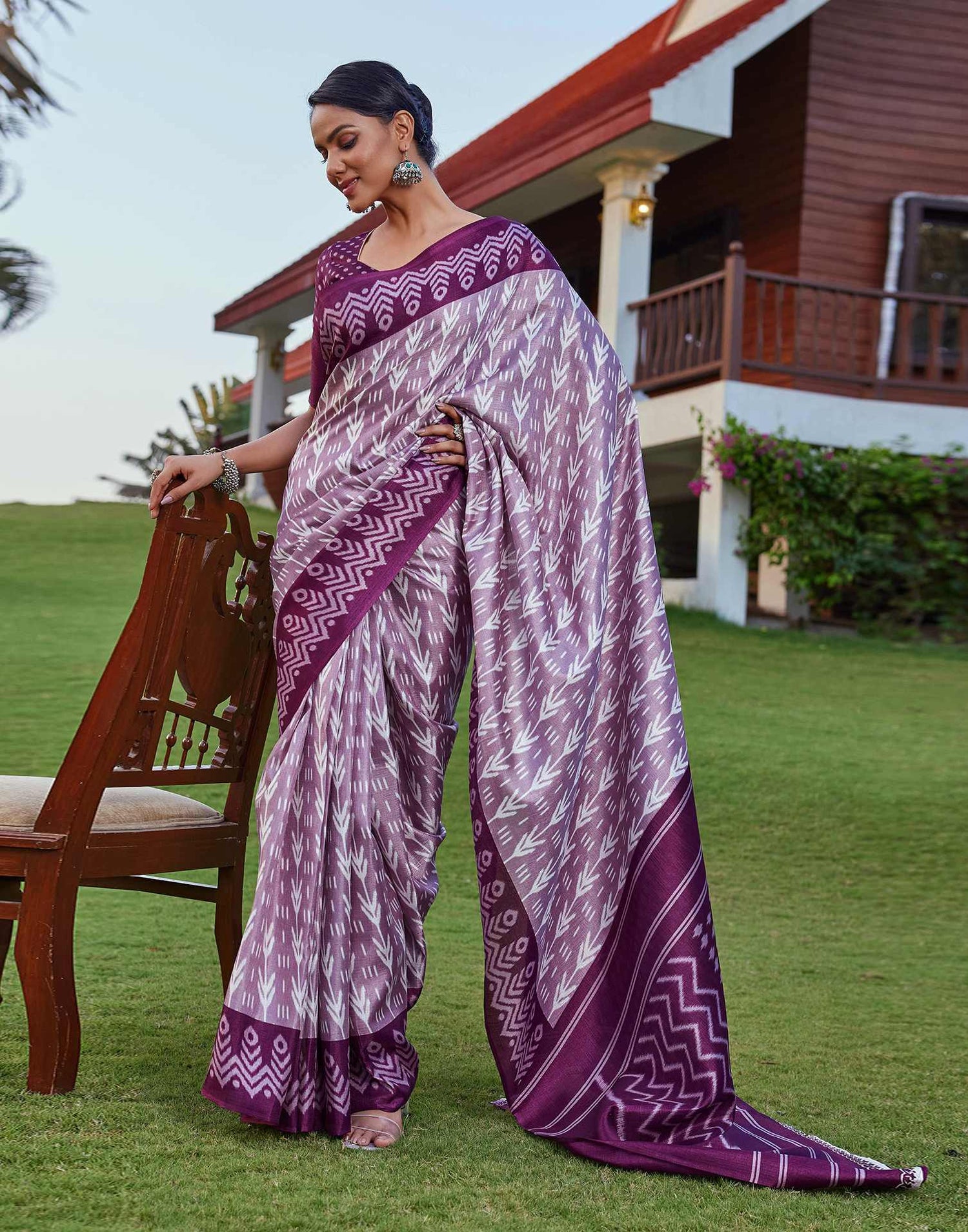 Wine Cotton Blend Ikkat Printed Saree