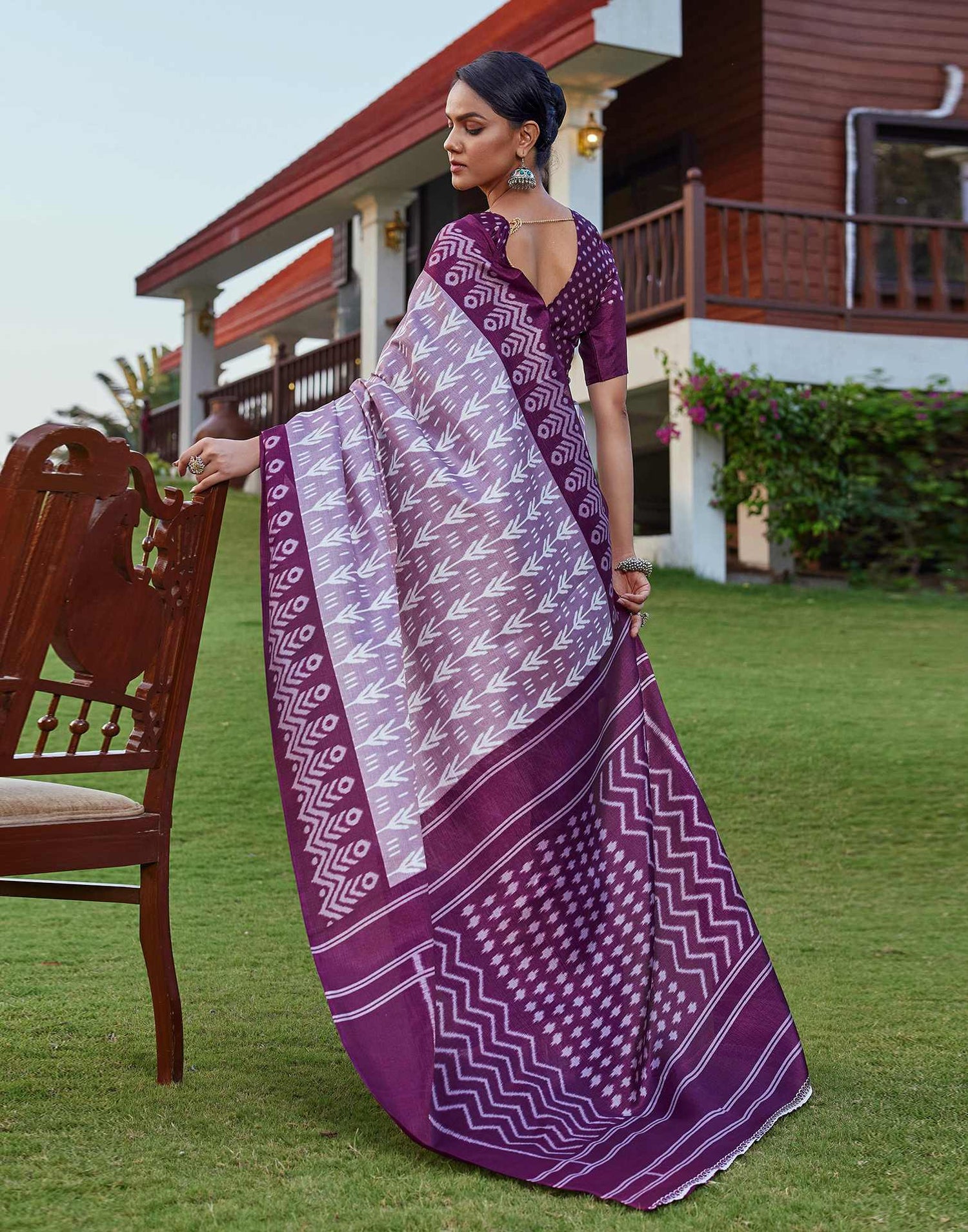 Wine Cotton Blend Ikkat Printed Saree
