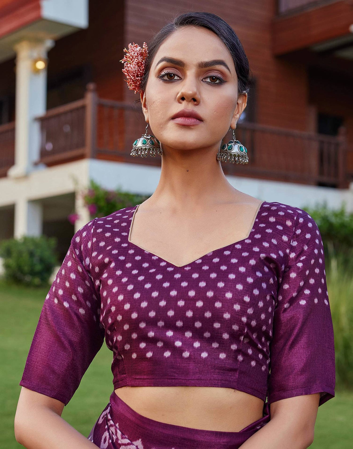 Wine Cotton Blend Ikkat Printed Saree