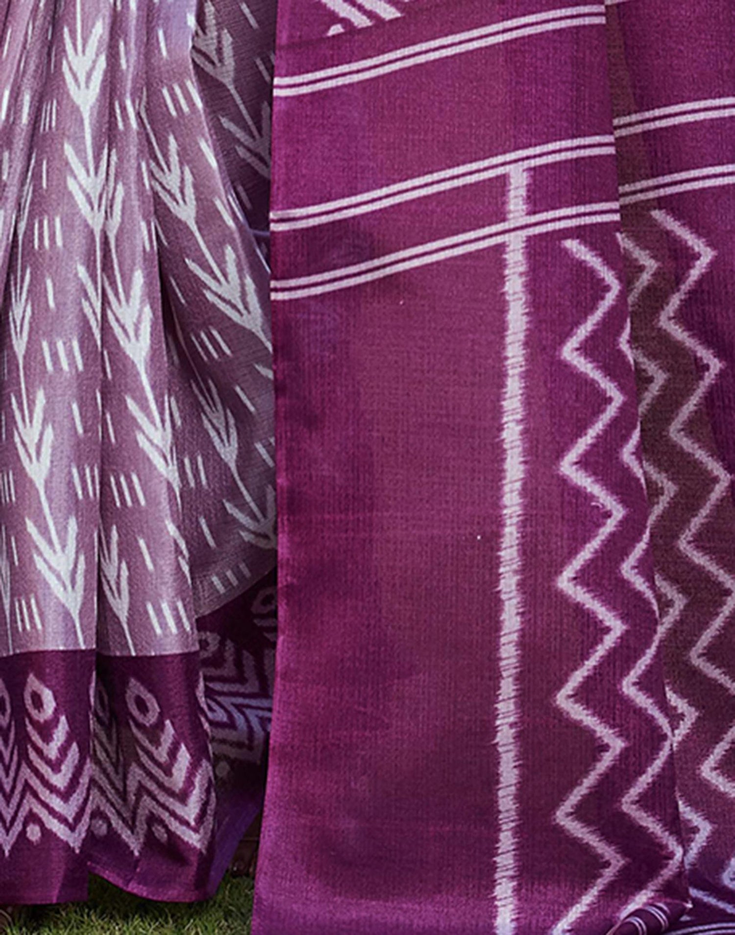 Wine Cotton Blend Ikkat Printed Saree