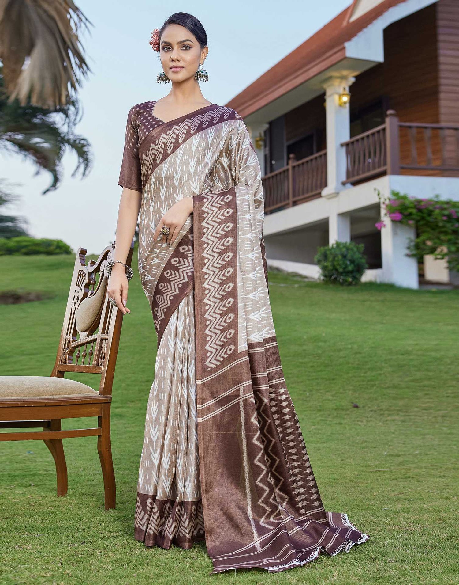 Brown Cotton Blend Ikkat Printed Saree