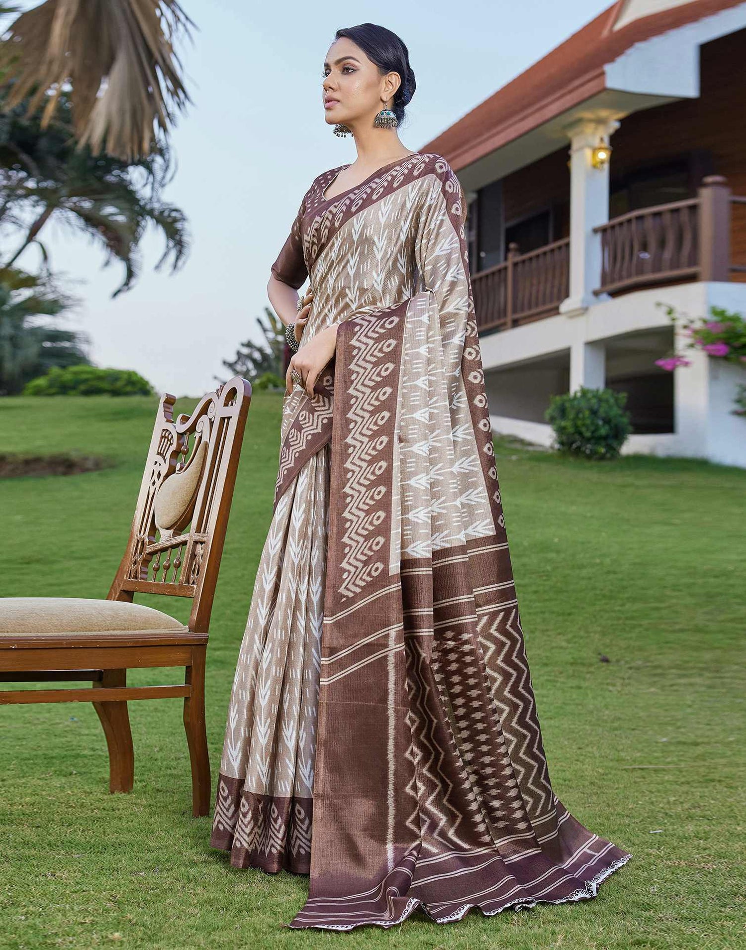 Brown Cotton Blend Ikkat Printed Saree