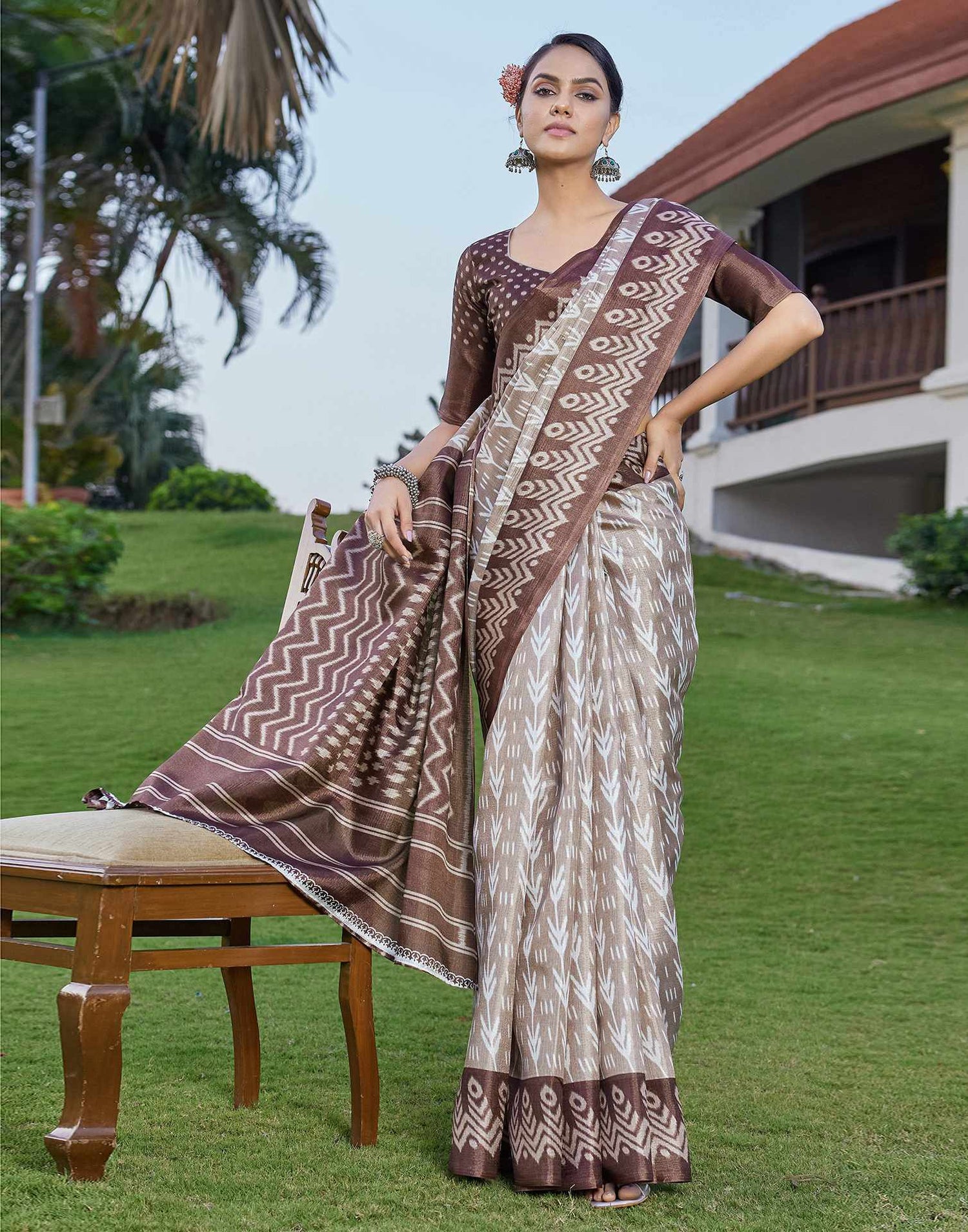 Brown Cotton Blend Ikkat Printed Saree