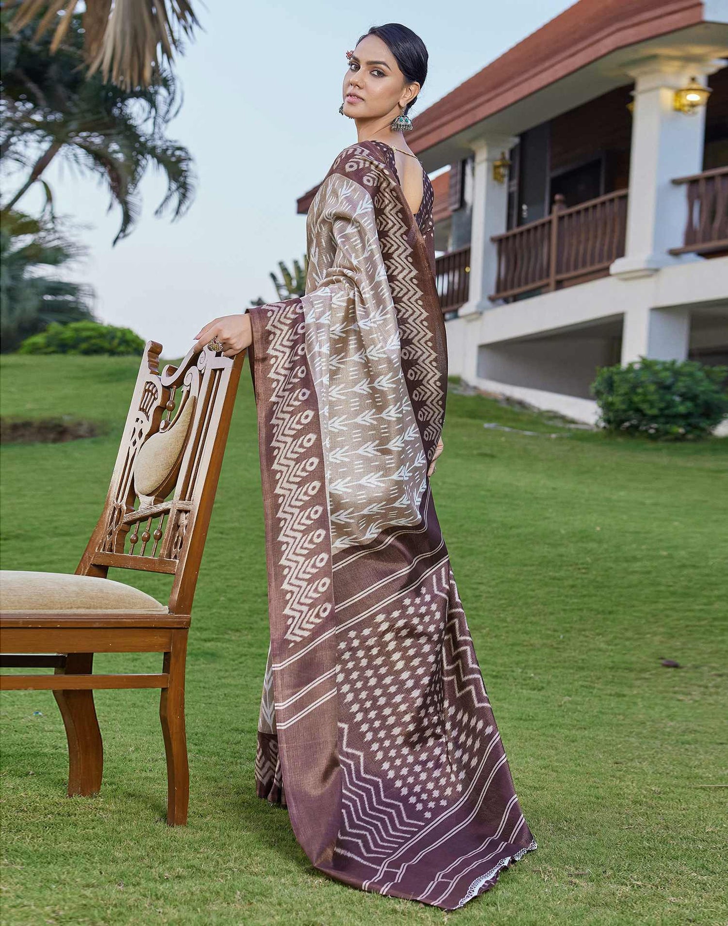 Brown Cotton Blend Ikkat Printed Saree