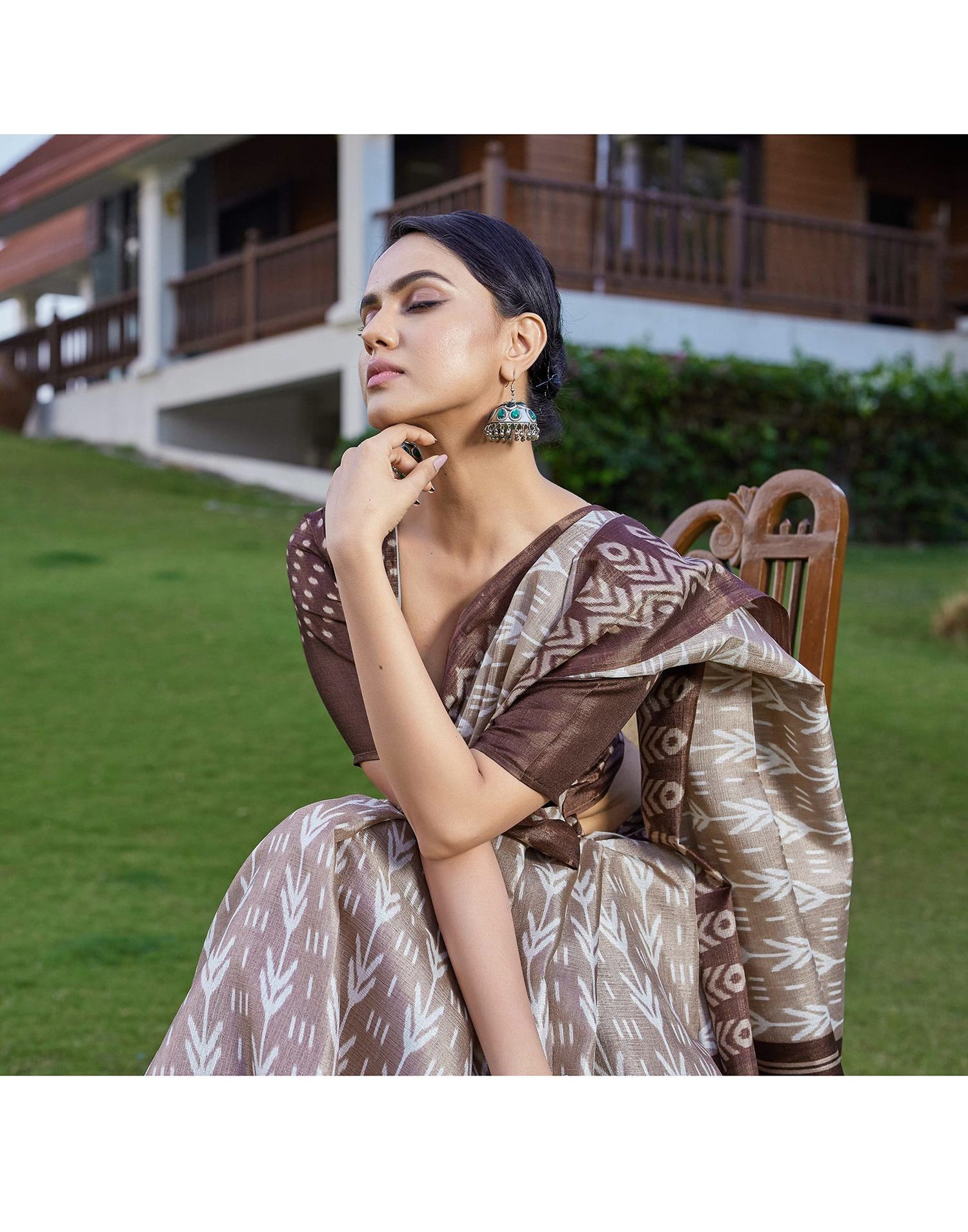 Brown Cotton Blend Ikkat Printed Saree