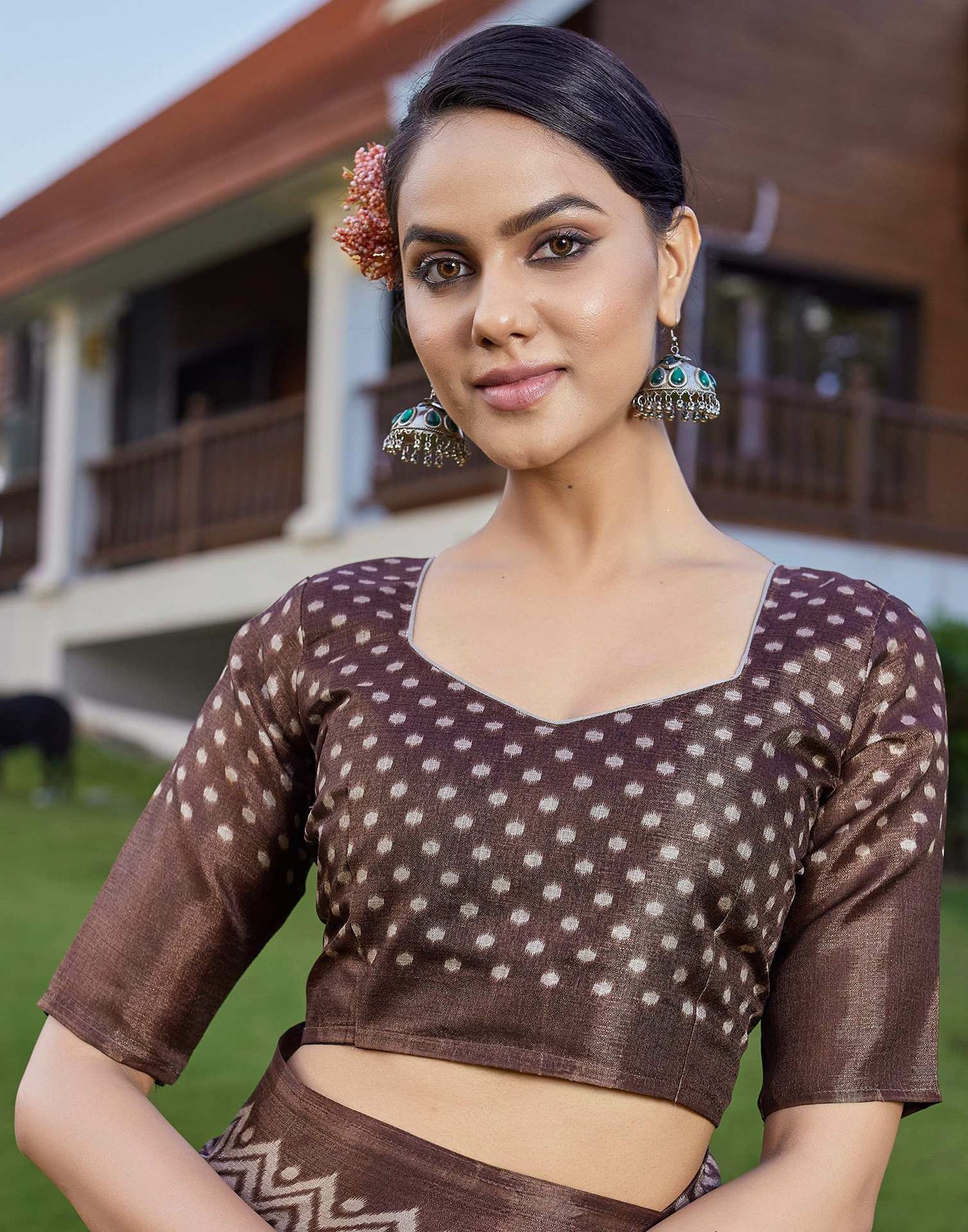 Brown Cotton Blend Ikkat Printed Saree