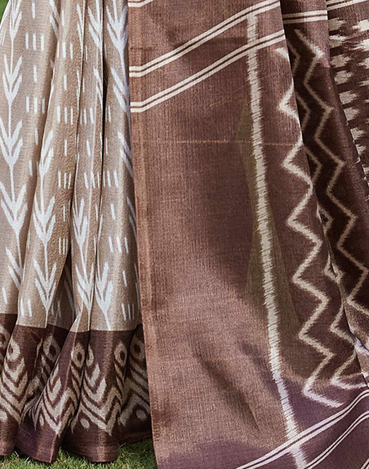 Brown Cotton Blend Ikkat Printed Saree