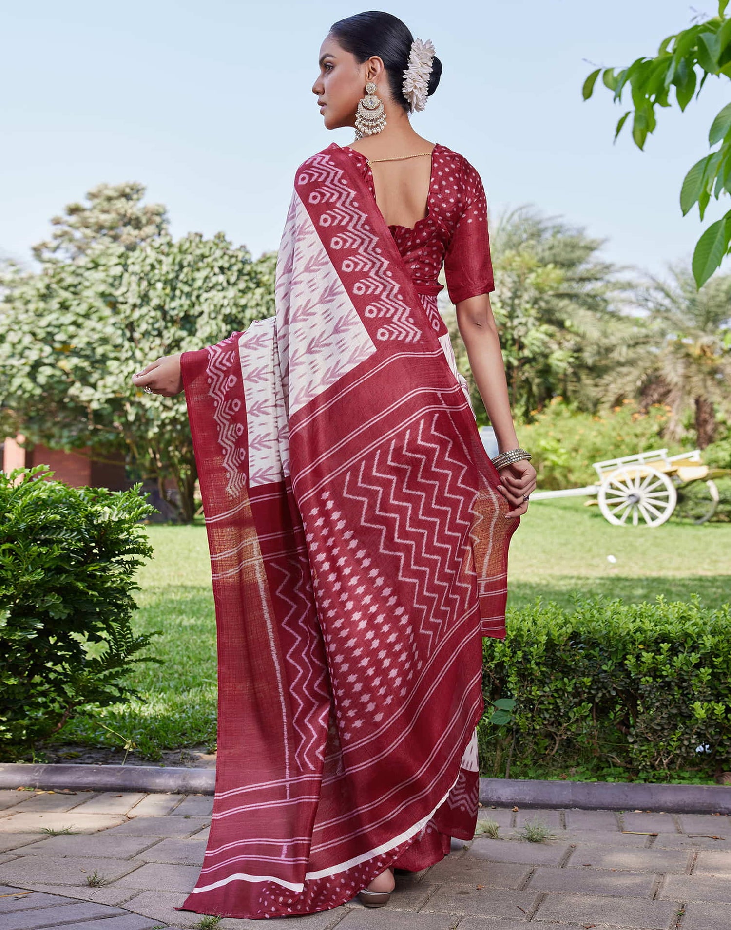 Red Cotton Blend Ikkat Printed Saree