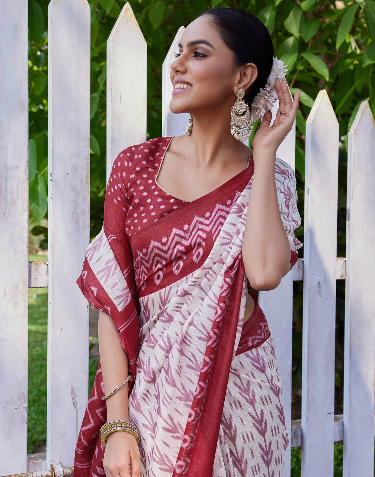 Red Cotton Blend Ikkat Printed Saree