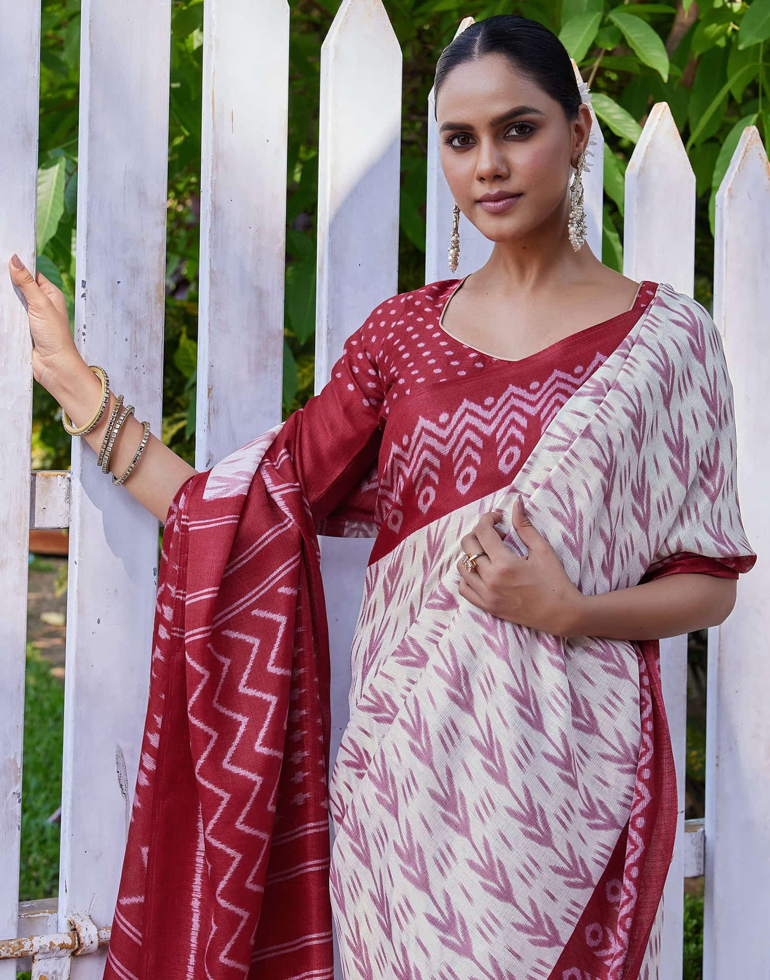 Red Cotton Blend Ikkat Printed Saree