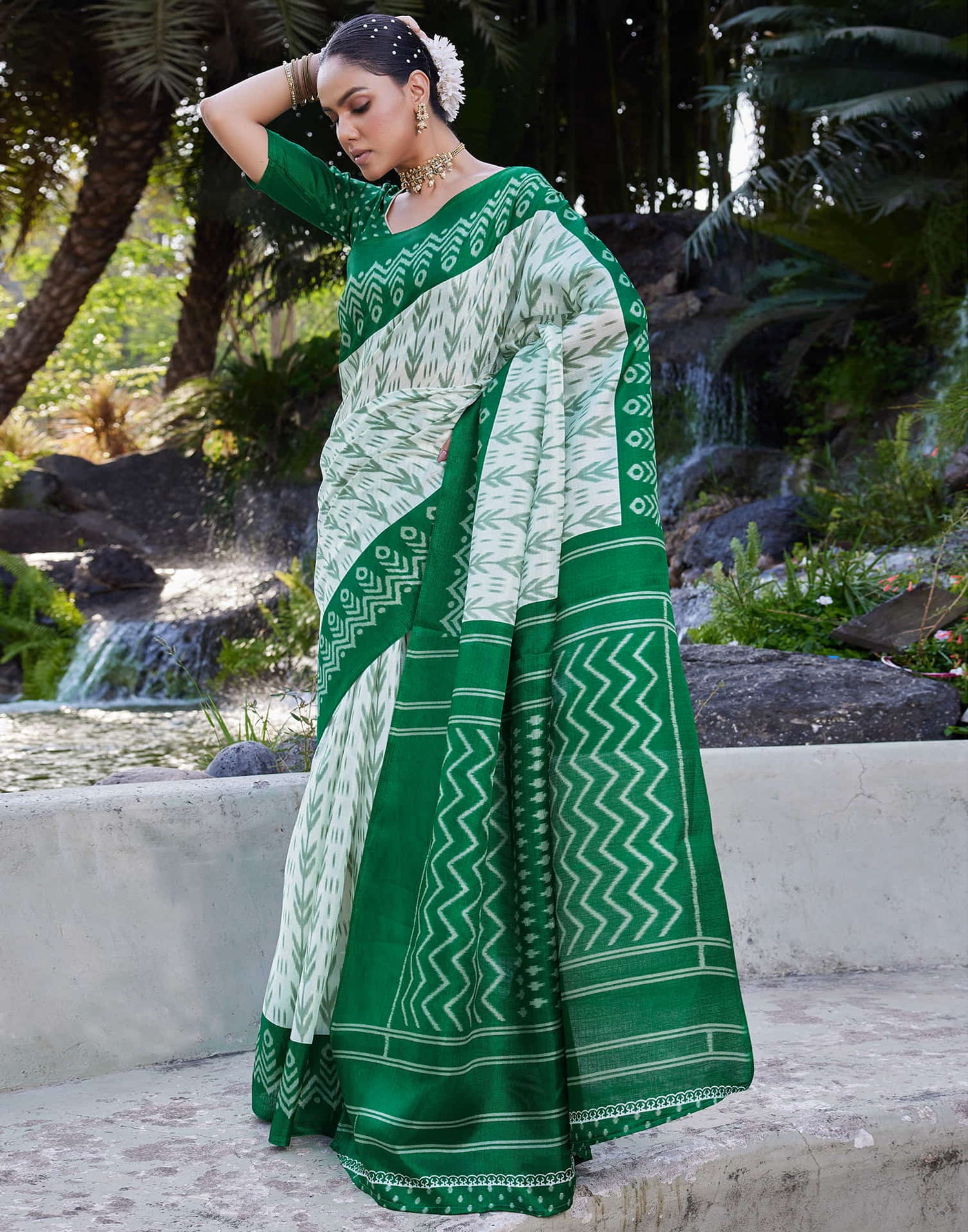 Dark Green Cotton Blend Ikkat Printed Saree
