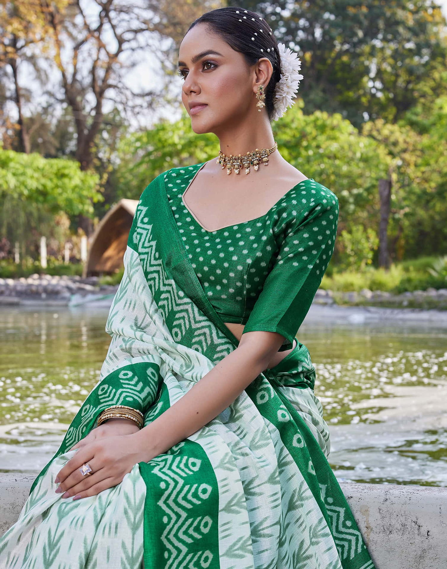 Dark Green Cotton Blend Ikkat Printed Saree