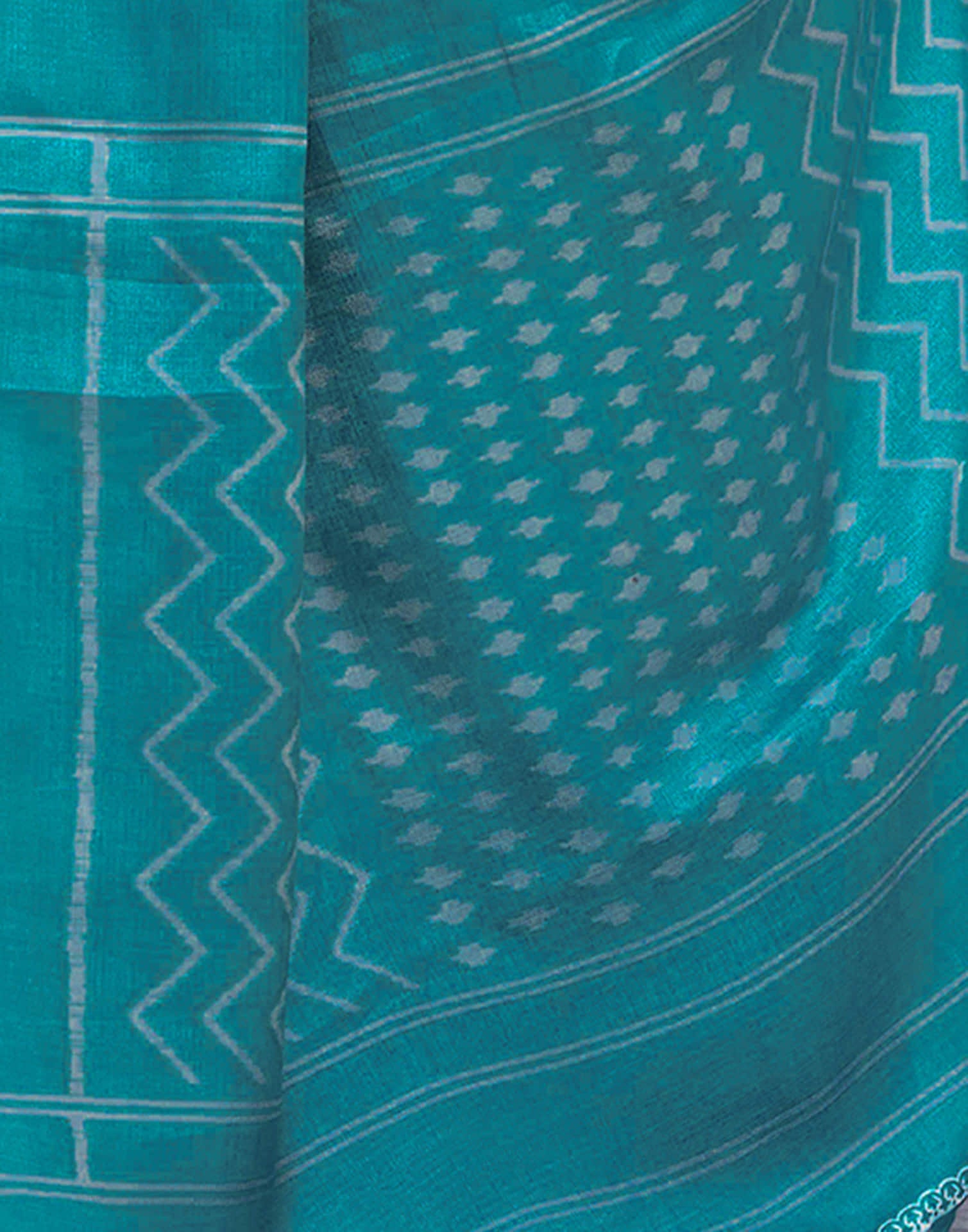 Teal Blue Cotton Blend Ikkat Printed Saree