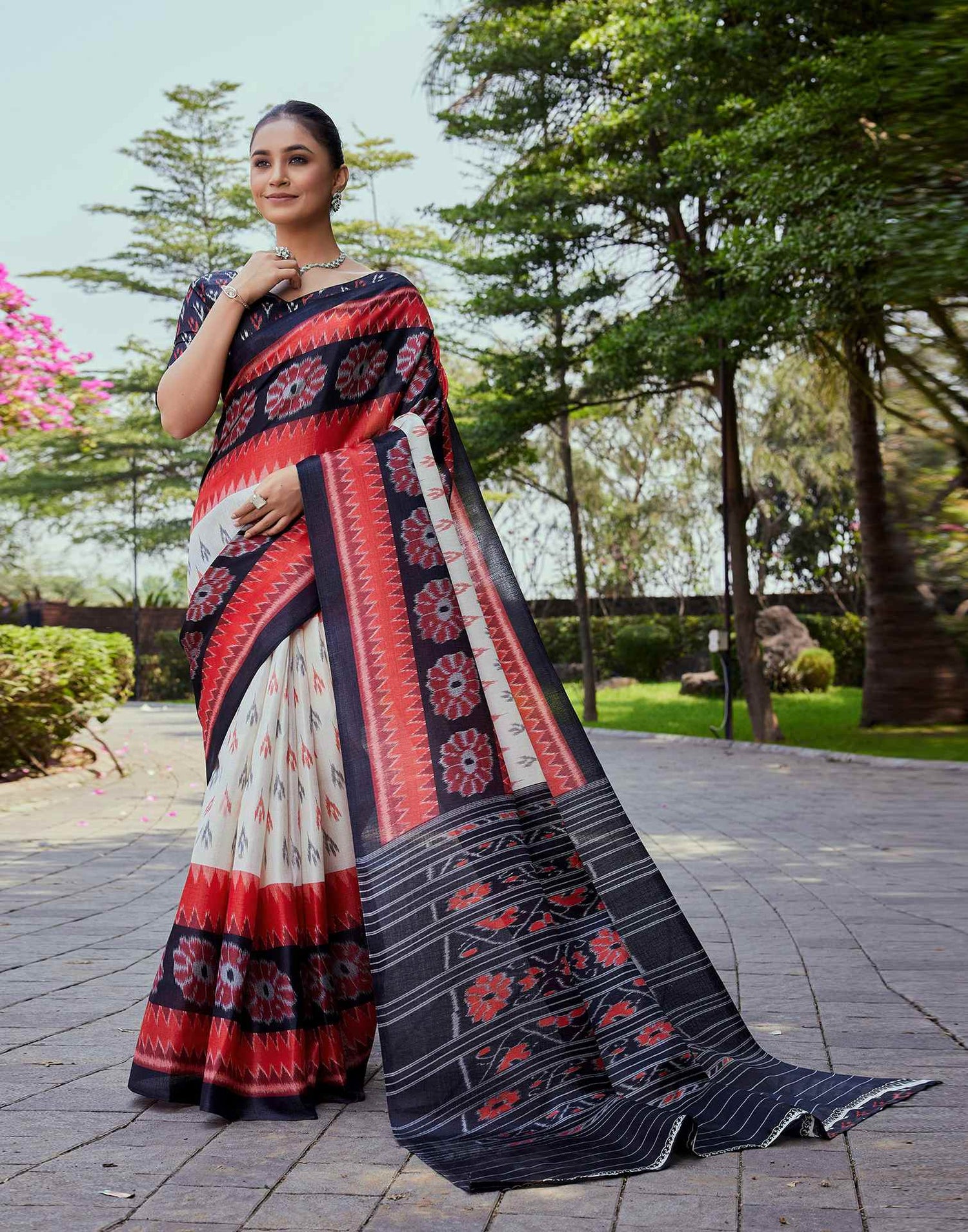 Black Cotton Blend Ikkat Printed Saree