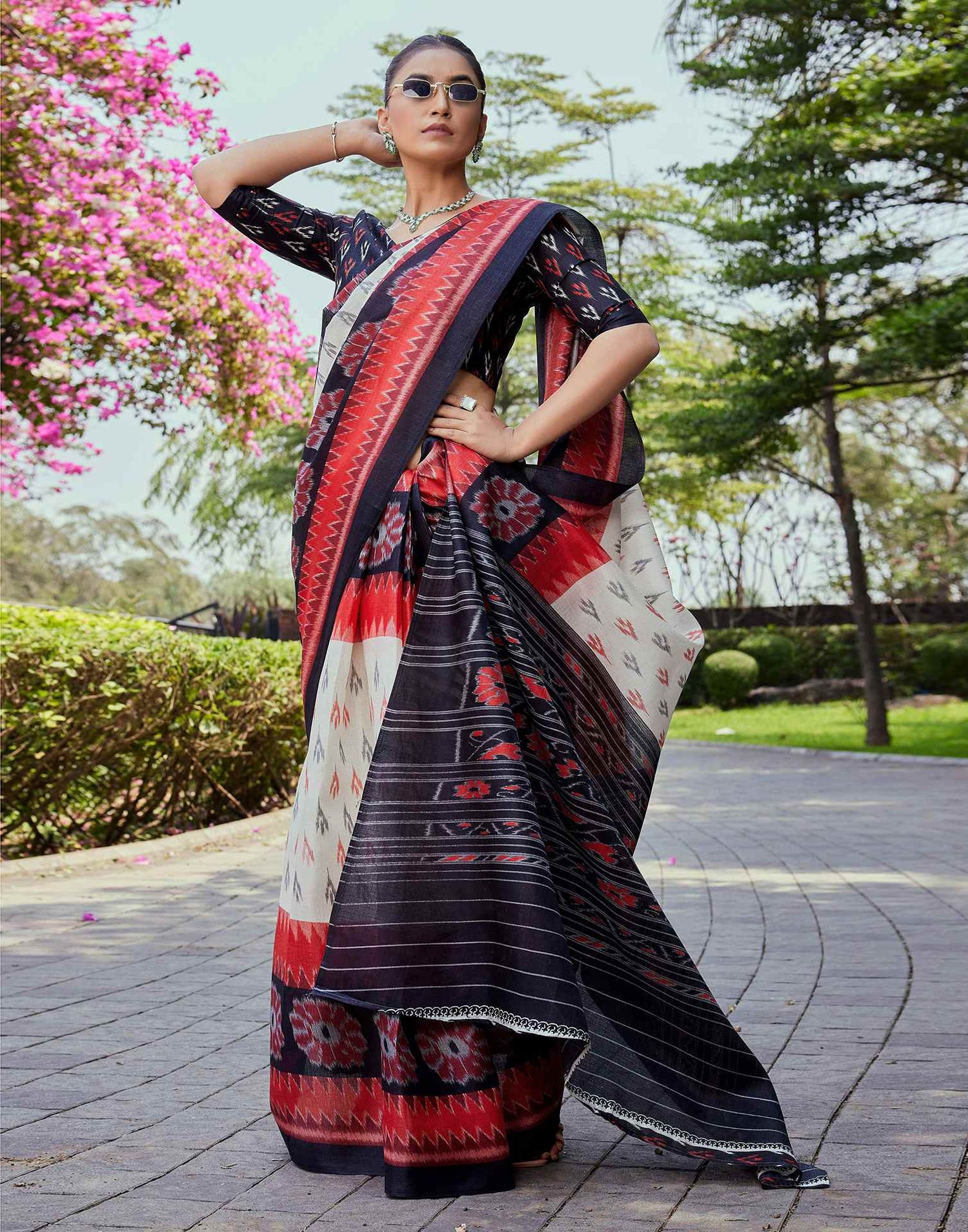 Black Cotton Blend Ikkat Printed Saree