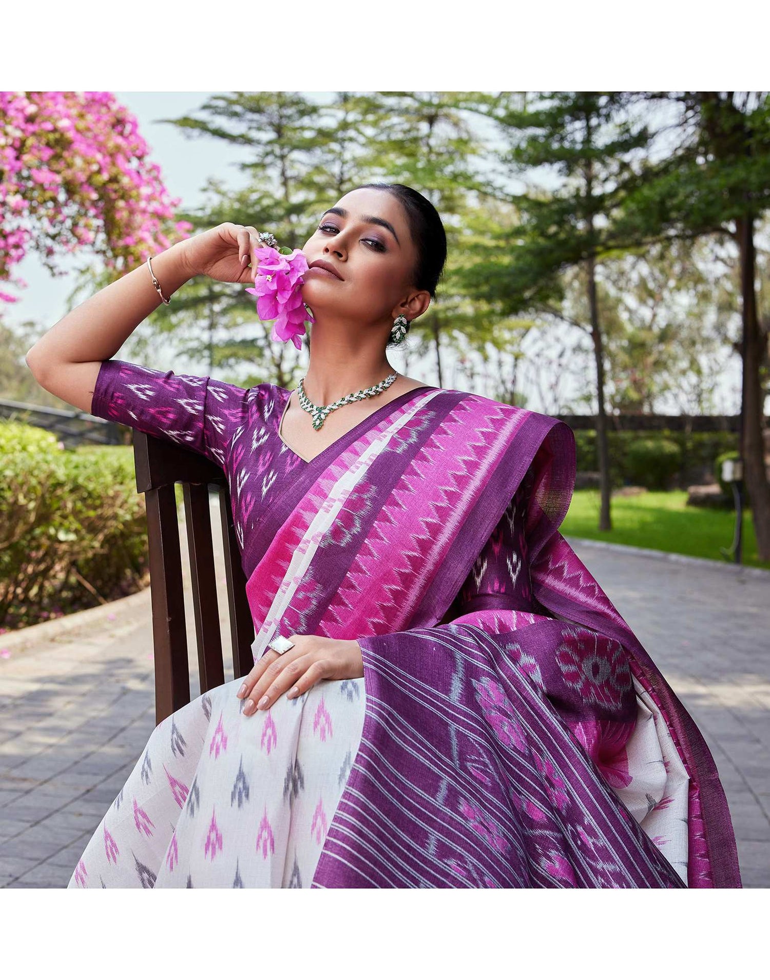 Wine Cotton Blend Ikkat Printed Saree